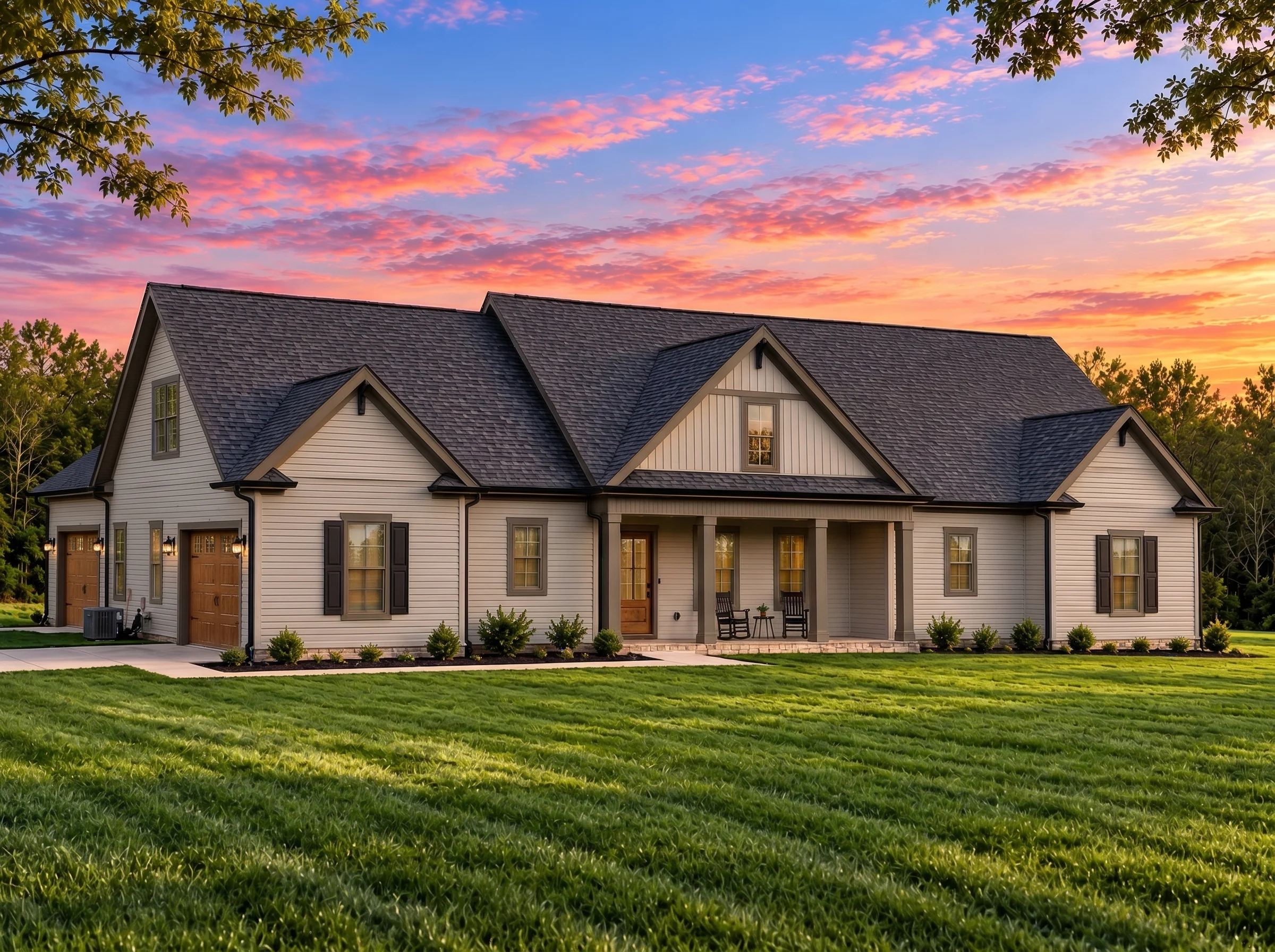 Plan  20-2020 – Auburn Ridge Lodge |  Modern Farmhouse – 3-Bed, 3-Bath, 2,266 SF - Mushroom Taupe, AI-generated exterior concept