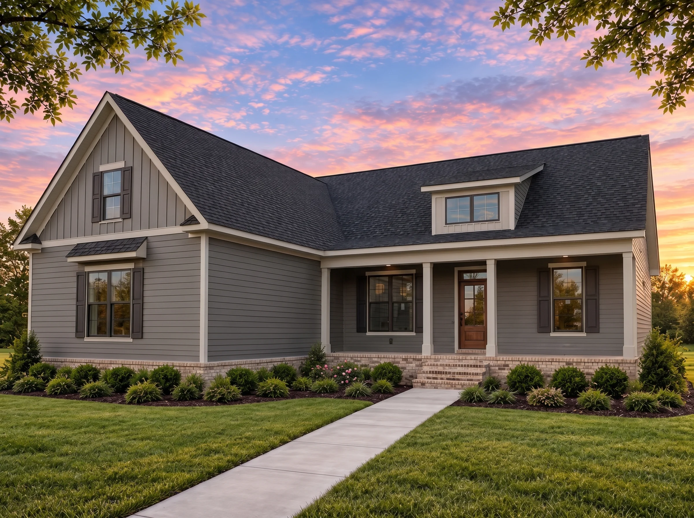 Plan  20-1944 – Grid Manor | Modern  Farmhouse – 3-Bed, 2-Bath, 2,041 SF - Warm Charcoal, AI-generated exterior concept