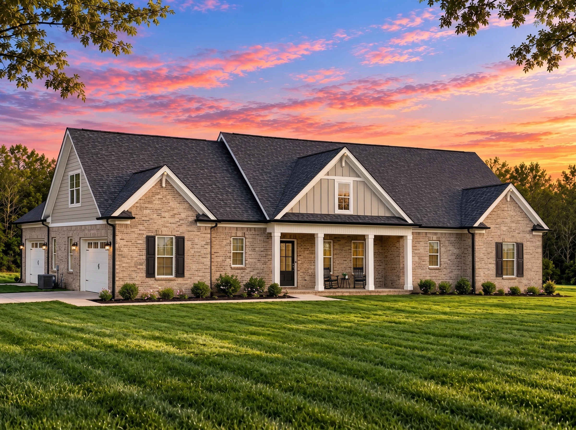 Plan  20-2020 – Auburn Ridge Lodge |  Modern Farmhouse – 3-Bed, 3-Bath, 2,266 SF - Natural Brick, AI-generated exterior concept