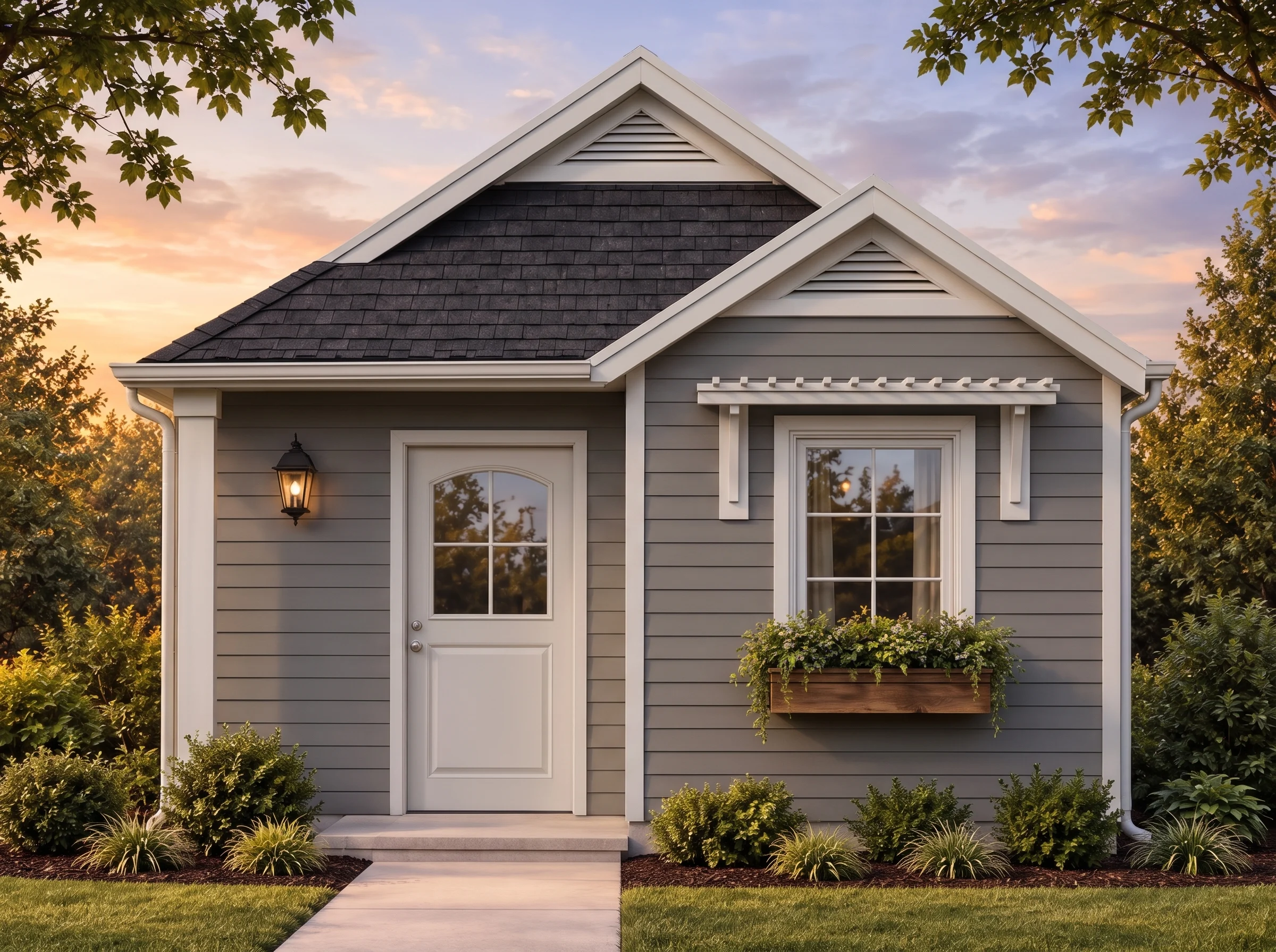Plan  20-1960 – Auburn Oak Manor |  American Cottage – 1-Bed, 1-Bath, 403 SF - Warm Charcoal, AI-generated exterior concept