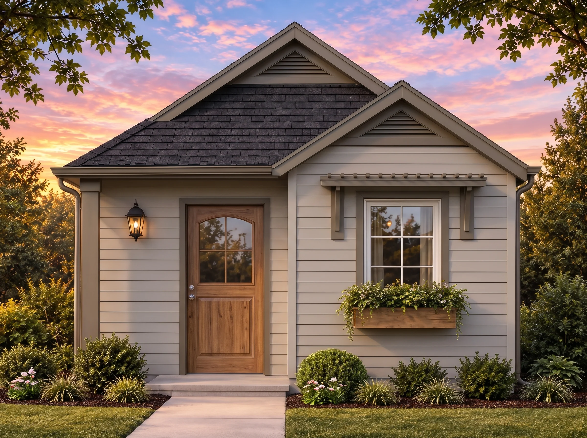 Plan  20-1960 – Auburn Oak Manor |  American Cottage – 1-Bed, 1-Bath, 403 SF - Mushroom Taupe, AI-generated exterior concept