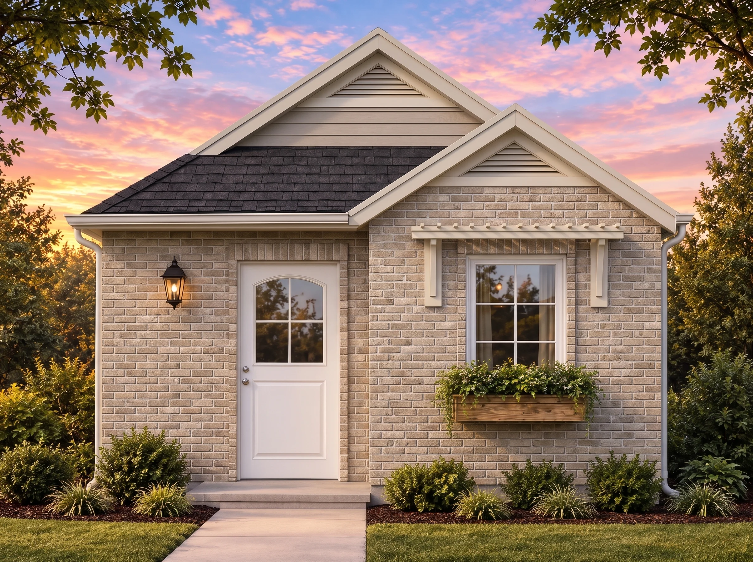 Plan  20-1960 – Auburn Oak Manor |  American Cottage – 1-Bed, 1-Bath, 403 SF - Natural Brick, AI-generated exterior concept