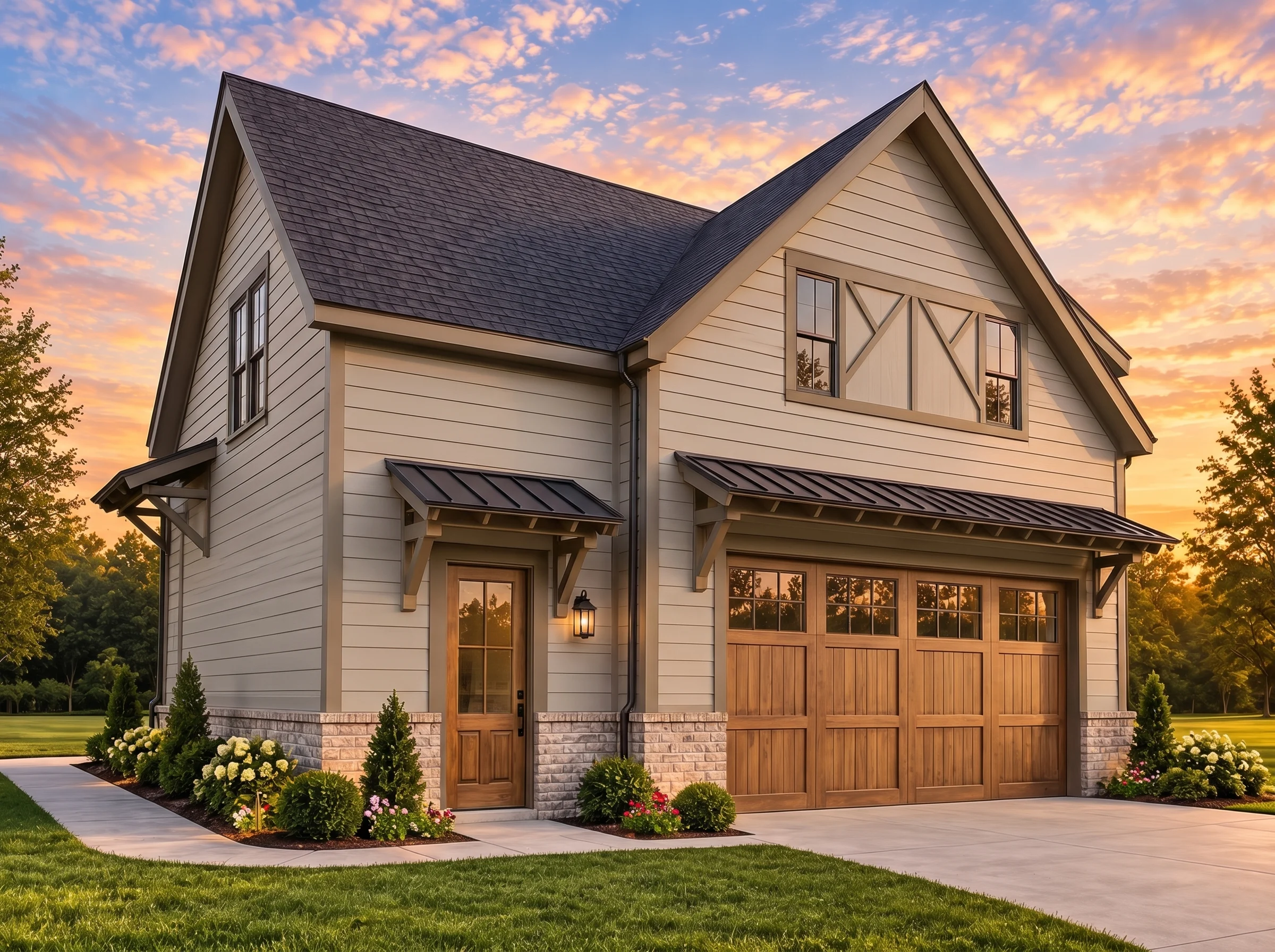Plan  20-2178 – Delaware Ridge |  Craftsman Garage – 1-Bed, 1-Bath, 900 SF - Mushroom Taupe, AI-generated exterior concept