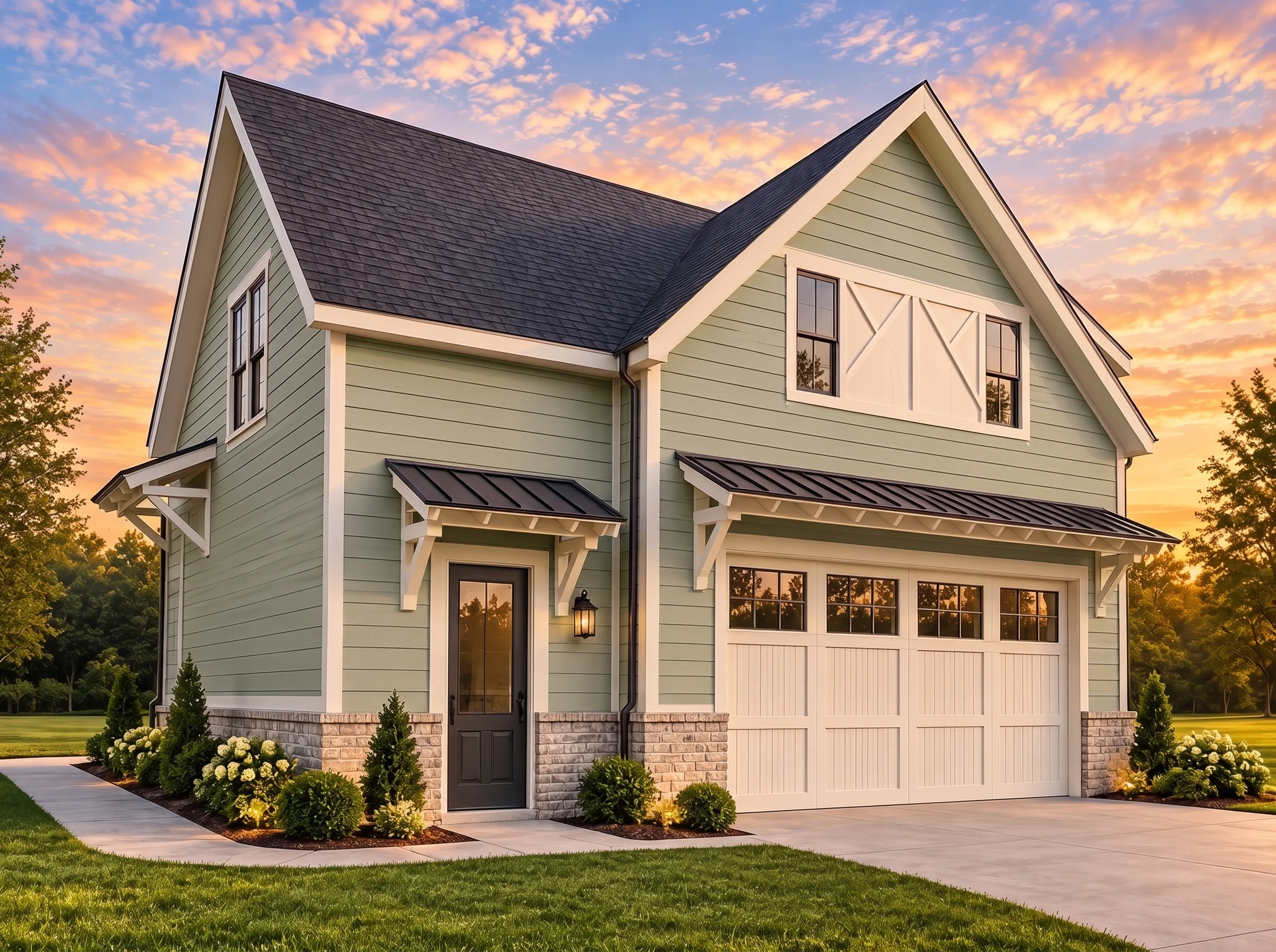 Plan  20-2178 – Delaware Ridge |  Craftsman Garage – 1-Bed, 1-Bath, 900 SF - Muted Sage, AI-generated exterior concept