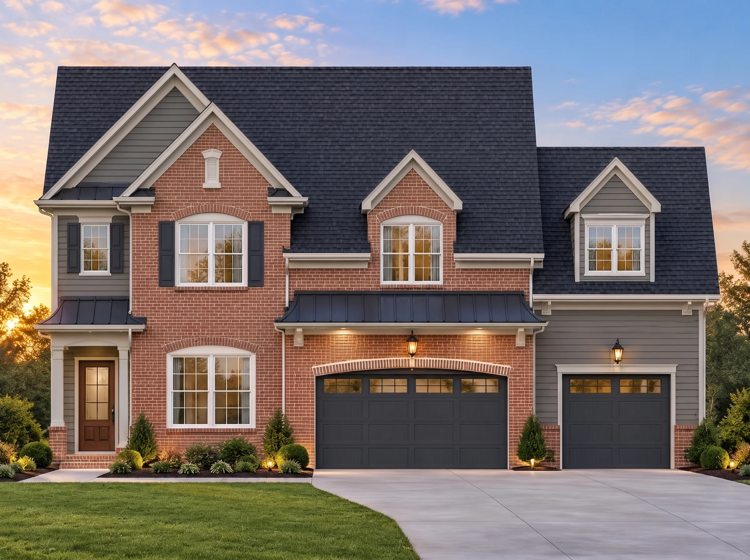 Plan  7-2374 – Aster Meadow Lodge |  Traditional Colonial – 4-Bed, 2.5-Bath, 3,485 SF - Warm Charcoal, AI-generated exterior concept