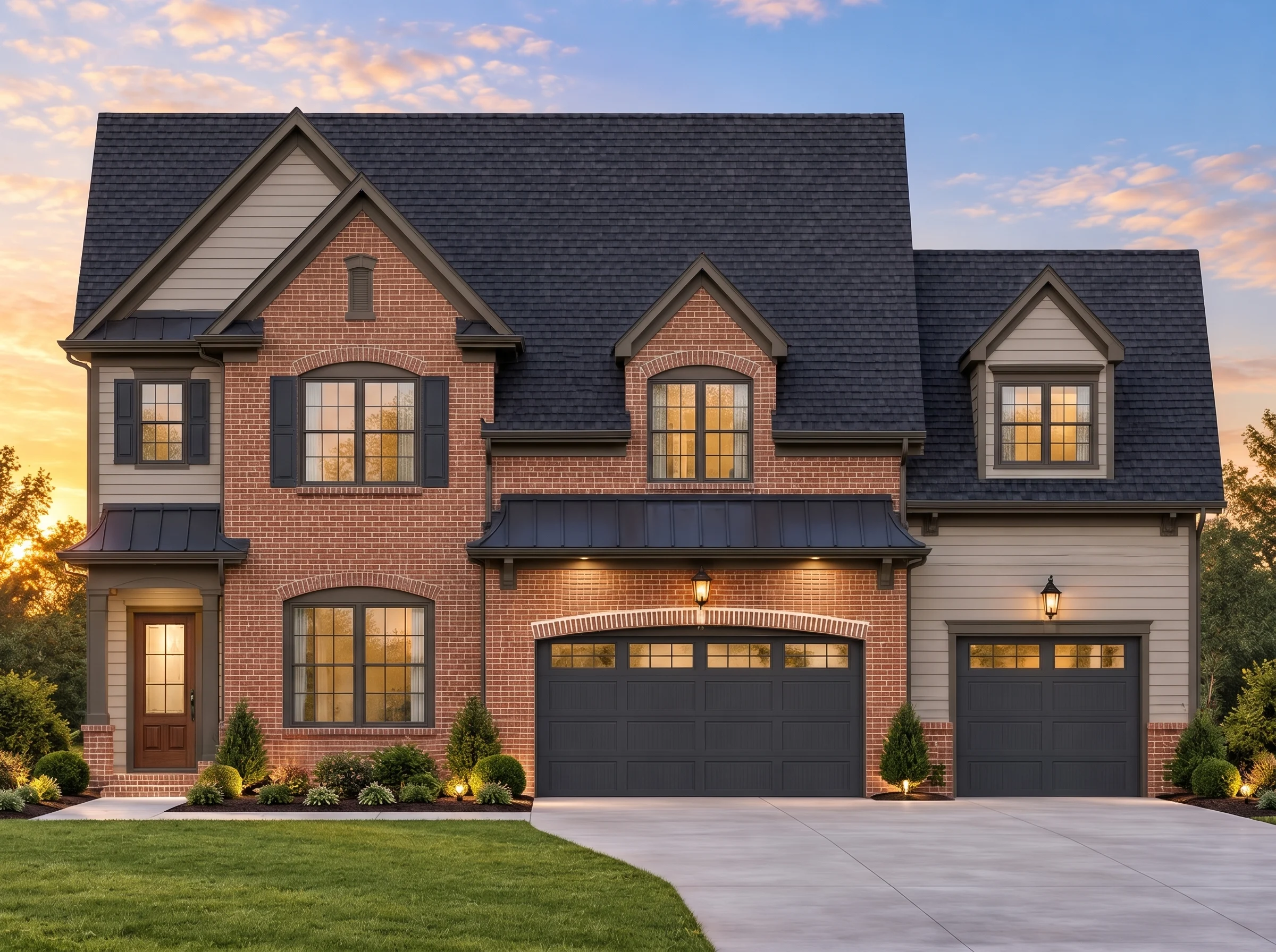 Plan  7-2374 – Aster Meadow Lodge |  Traditional Colonial – 4-Bed, 2.5-Bath, 3,485 SF - Mushroom Taupe, AI-generated exterior concept
