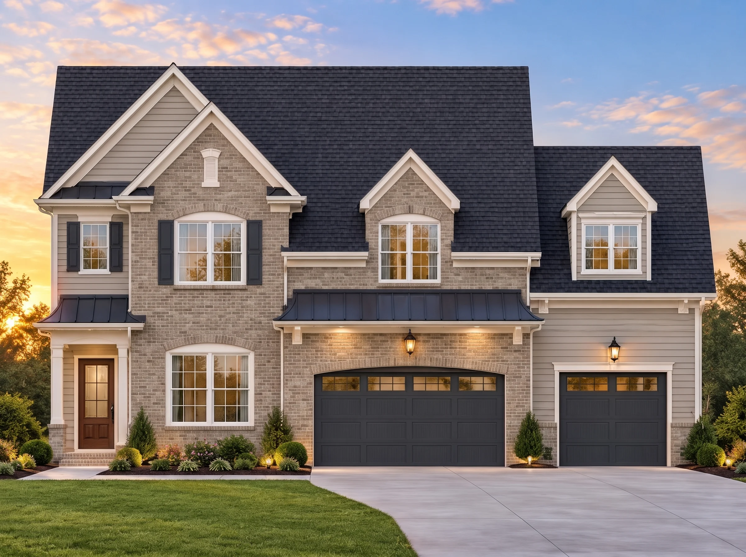 Plan  7-2374 – Aster Meadow Lodge |  Traditional Colonial – 4-Bed, 2.5-Bath, 3,485 SF - Natural Brick, AI-generated exterior concept