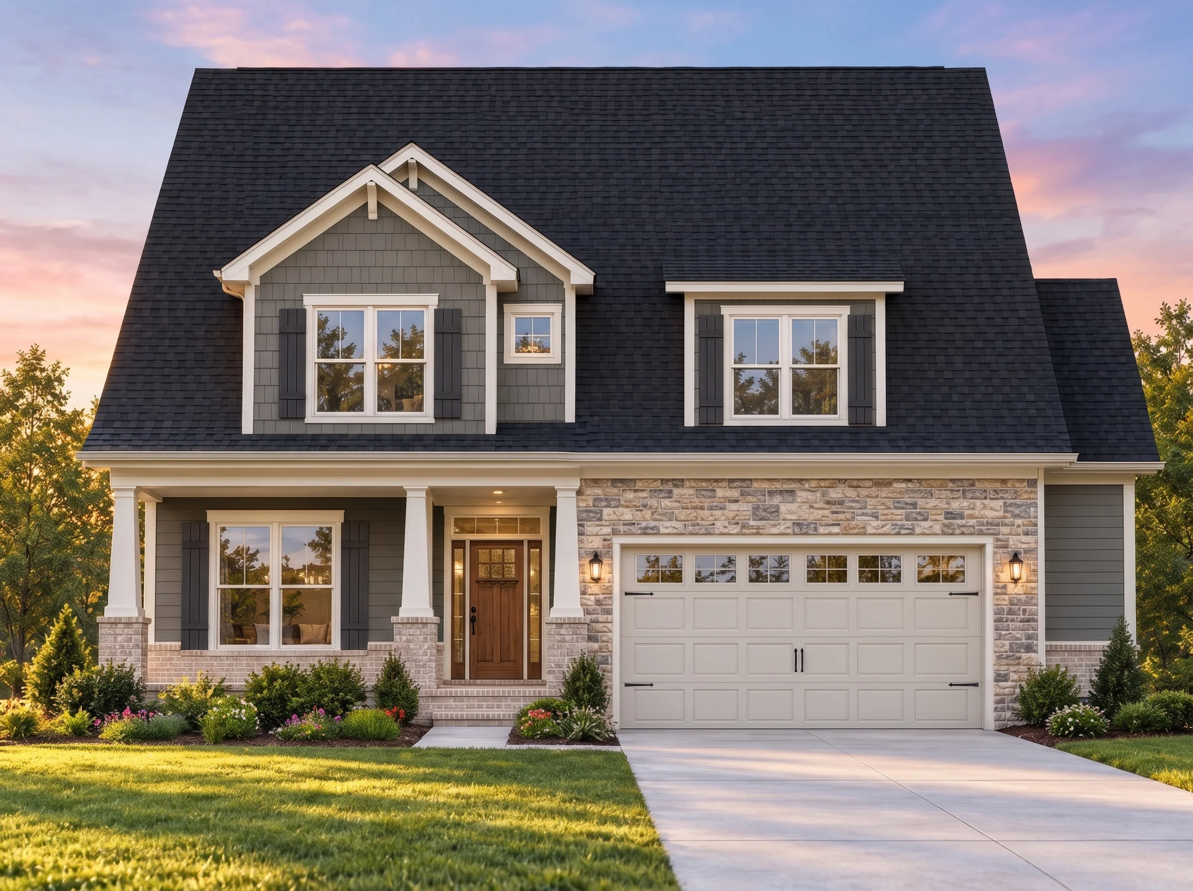 Plan  7-2131 – Aster Crossing Villa  | Modern Farmhouse – 4-Bed, 2.5-Bath, 2,402 SF - Warm Charcoal, AI-generated exterior concept