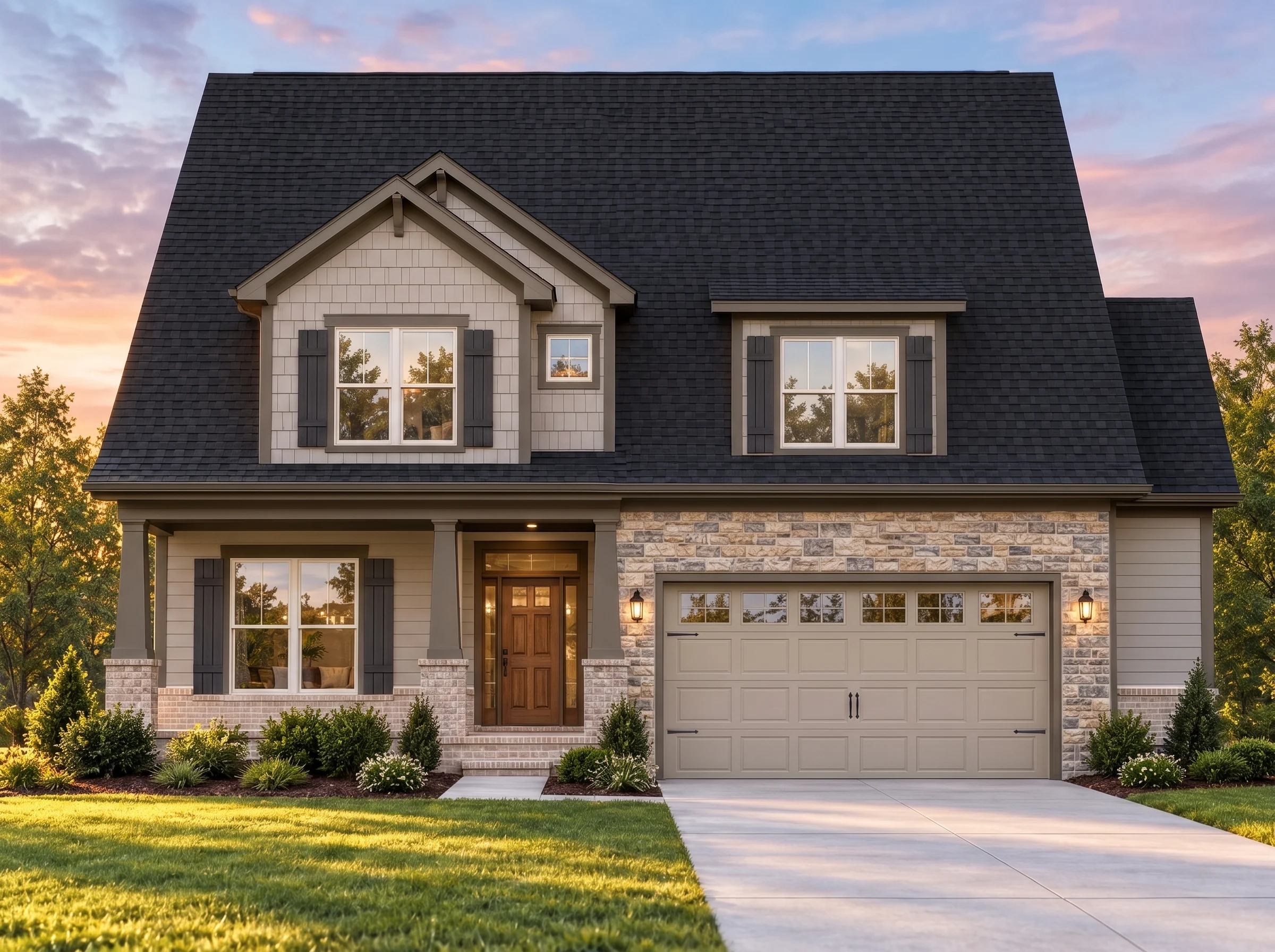 Plan  7-2131 – Aster Crossing Villa  | Modern Farmhouse – 4-Bed, 2.5-Bath, 2,402 SF - Mushroom Taupe, AI-generated exterior concept