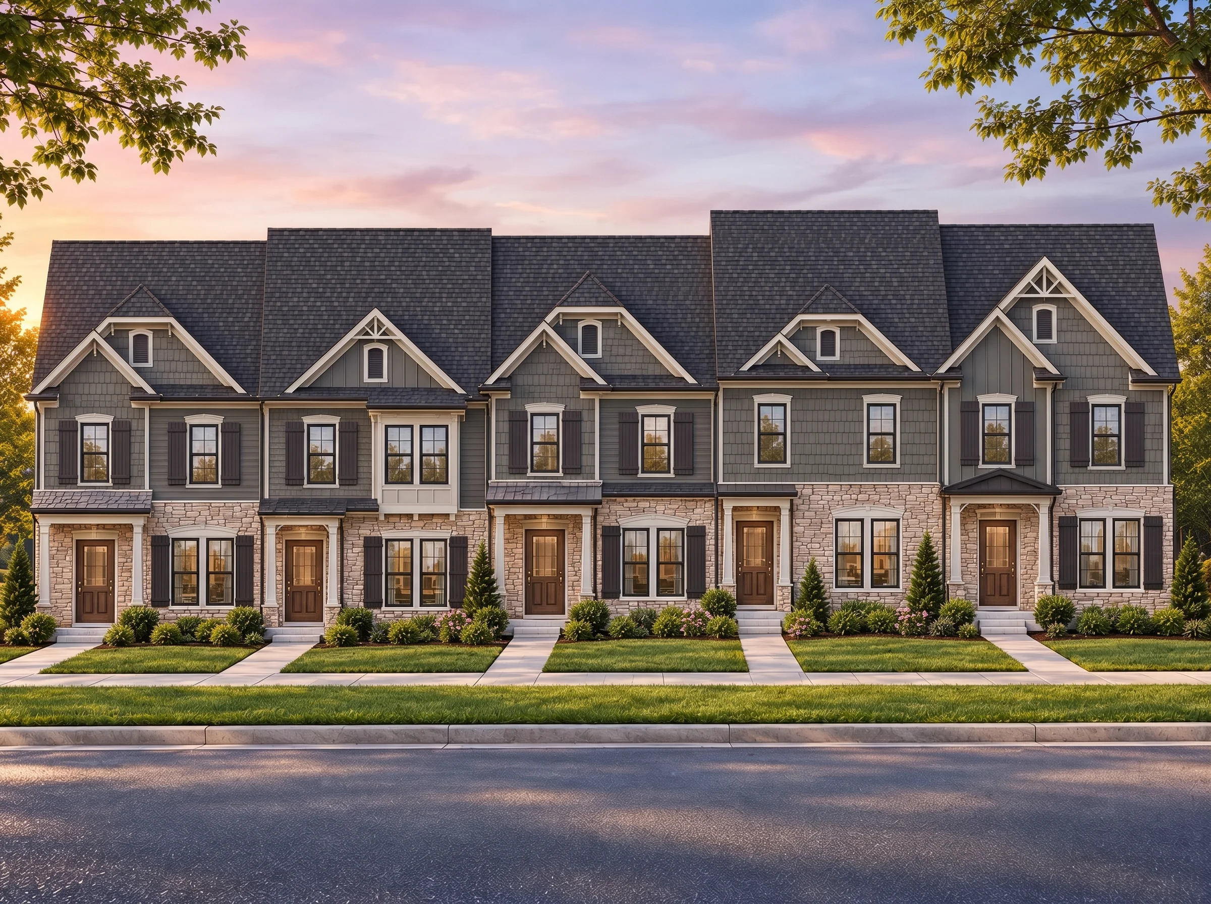 Plan  7-1947B – Aster Station Manor  | Traditional Colonial Townhome – 3-Bed, 2.5-Bath, 1,383 SF - Warm Charcoal, AI-generated exterior concept