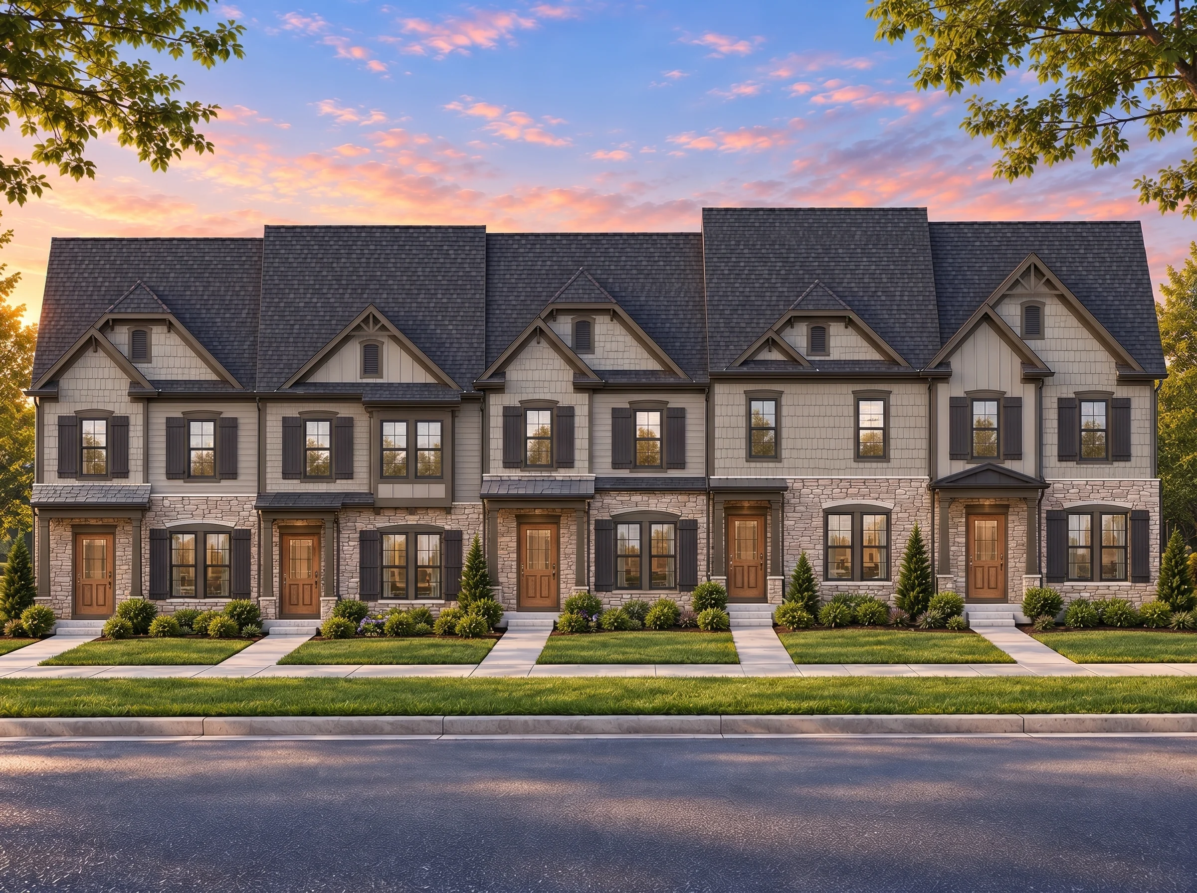 Plan  7-1947B – Aster Station Manor  | Traditional Colonial Townhome – 3-Bed, 2.5-Bath, 1,383 SF - Mushroom Taupe, AI-generated exterior concept