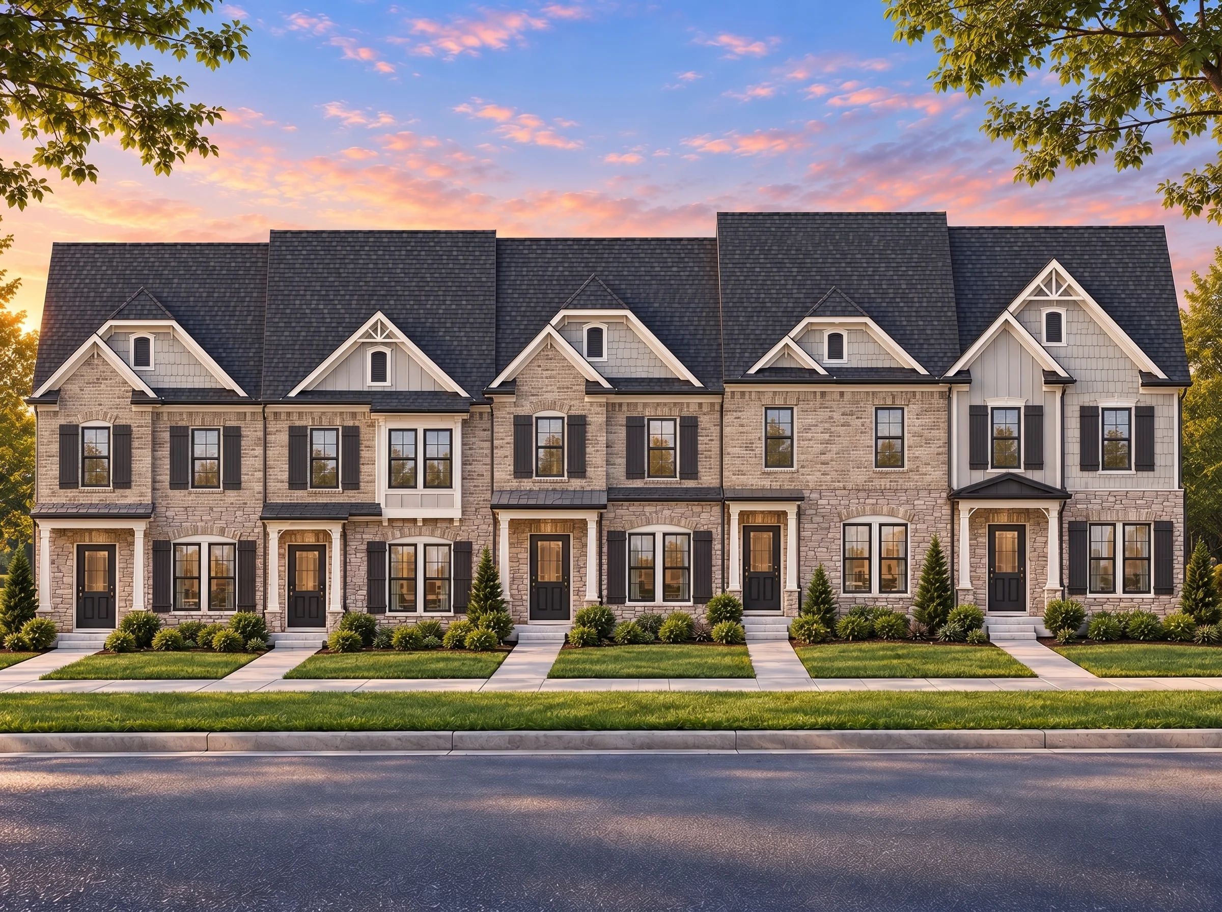 Plan  7-1947B – Aster Station Manor  | Traditional Colonial Townhome – 3-Bed, 2.5-Bath, 1,383 SF - Natural Brick, AI-generated exterior concept