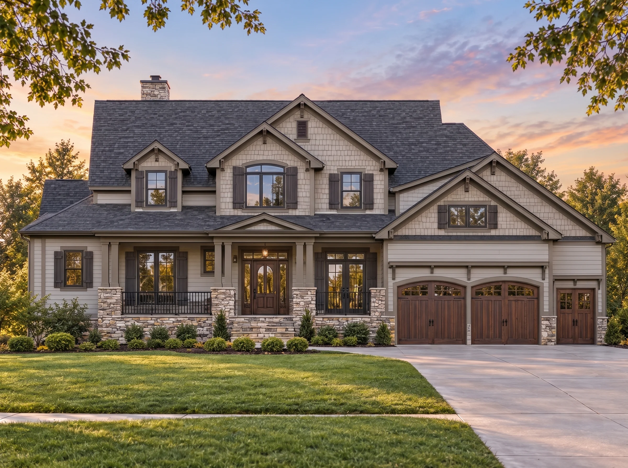 Plan  8-1039 – Auburn Glen Homestead  | New American – 4-Bed, 3.5-Bath, 2,197 SF - Mushroom Taupe, AI-generated exterior concept