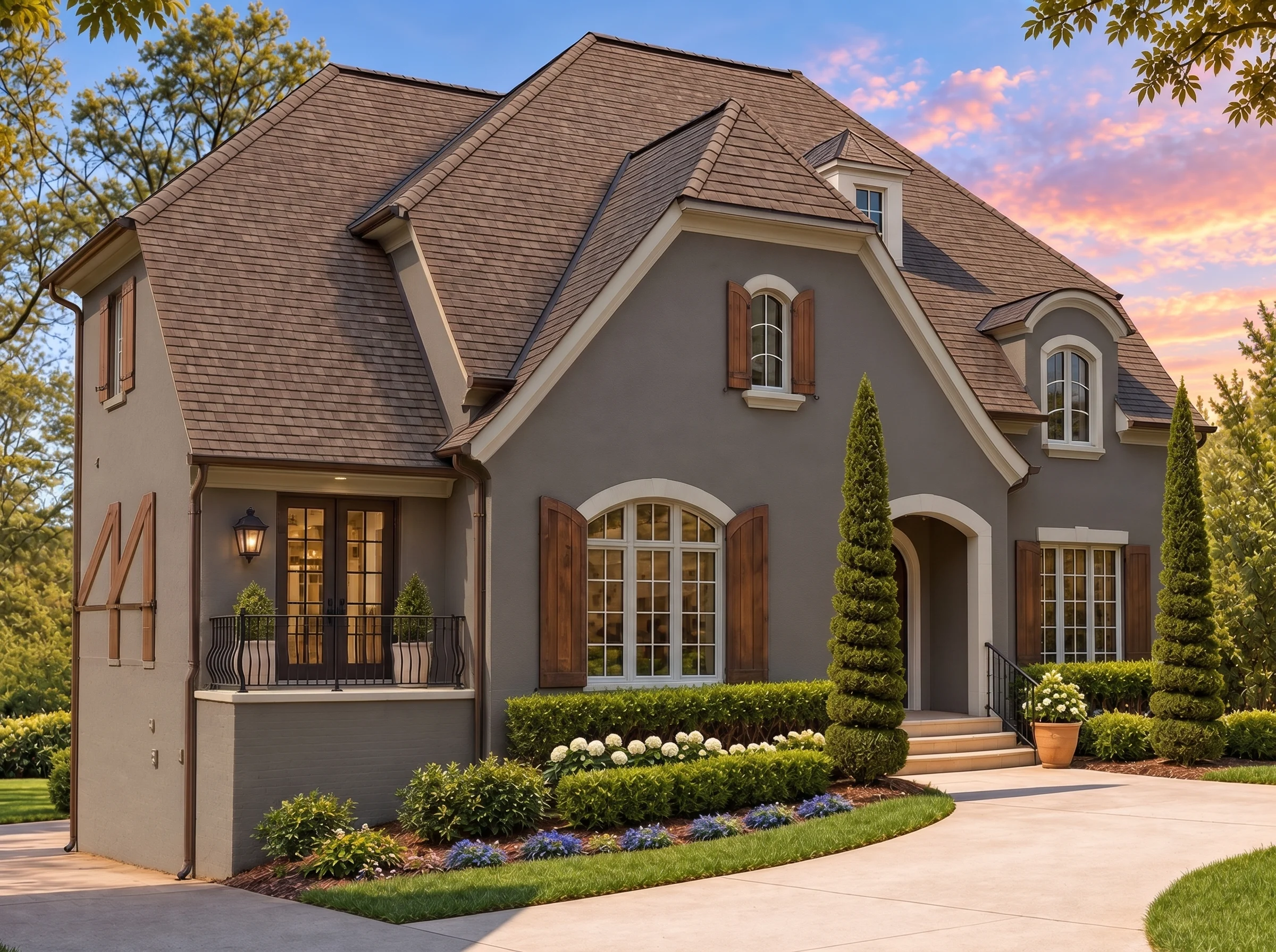 Plan  8-1160 – Bismarck Homestead |  French Country – 3-Bed, 3.3-Bath, 5,705 SF - Warm Charcoal, AI-generated exterior concept