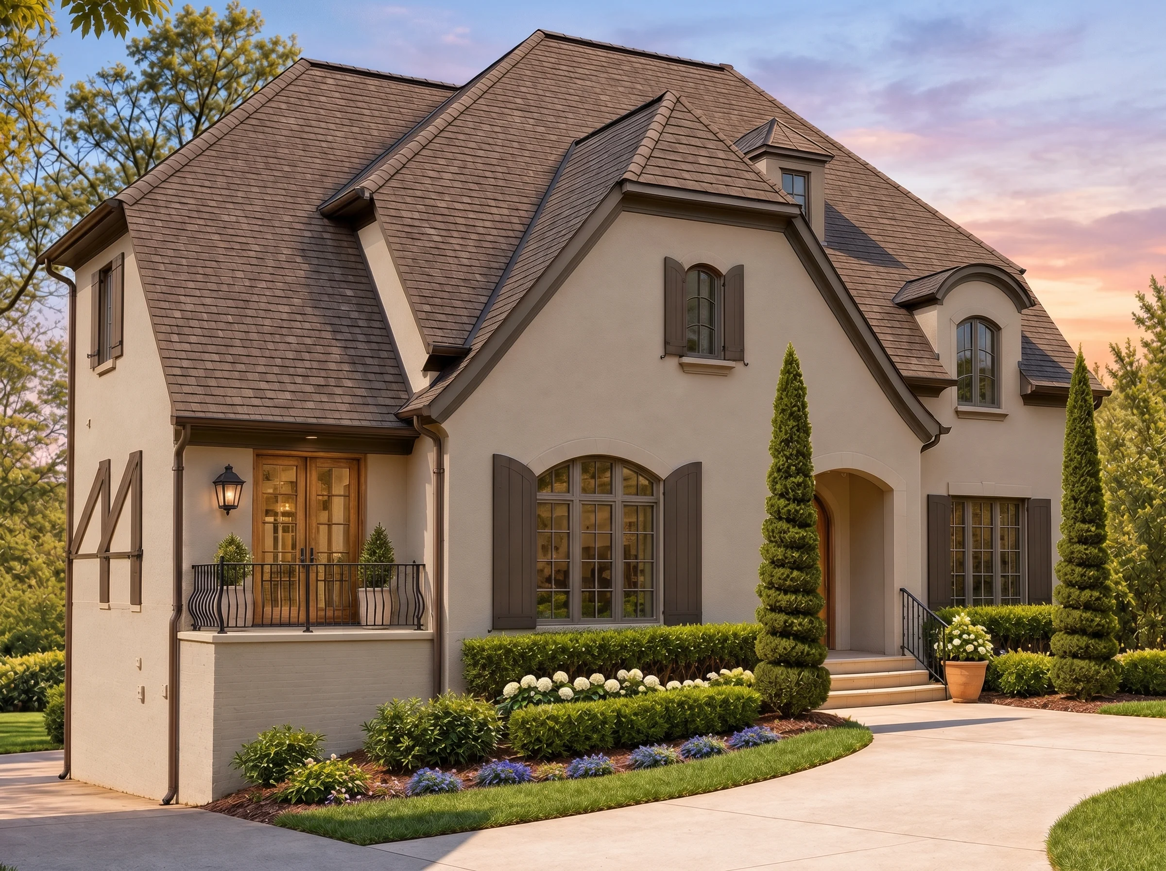 Plan  8-1160 – Bismarck Homestead |  French Country – 3-Bed, 3.3-Bath, 5,705 SF - Mushroom Taupe, AI-generated exterior concept
