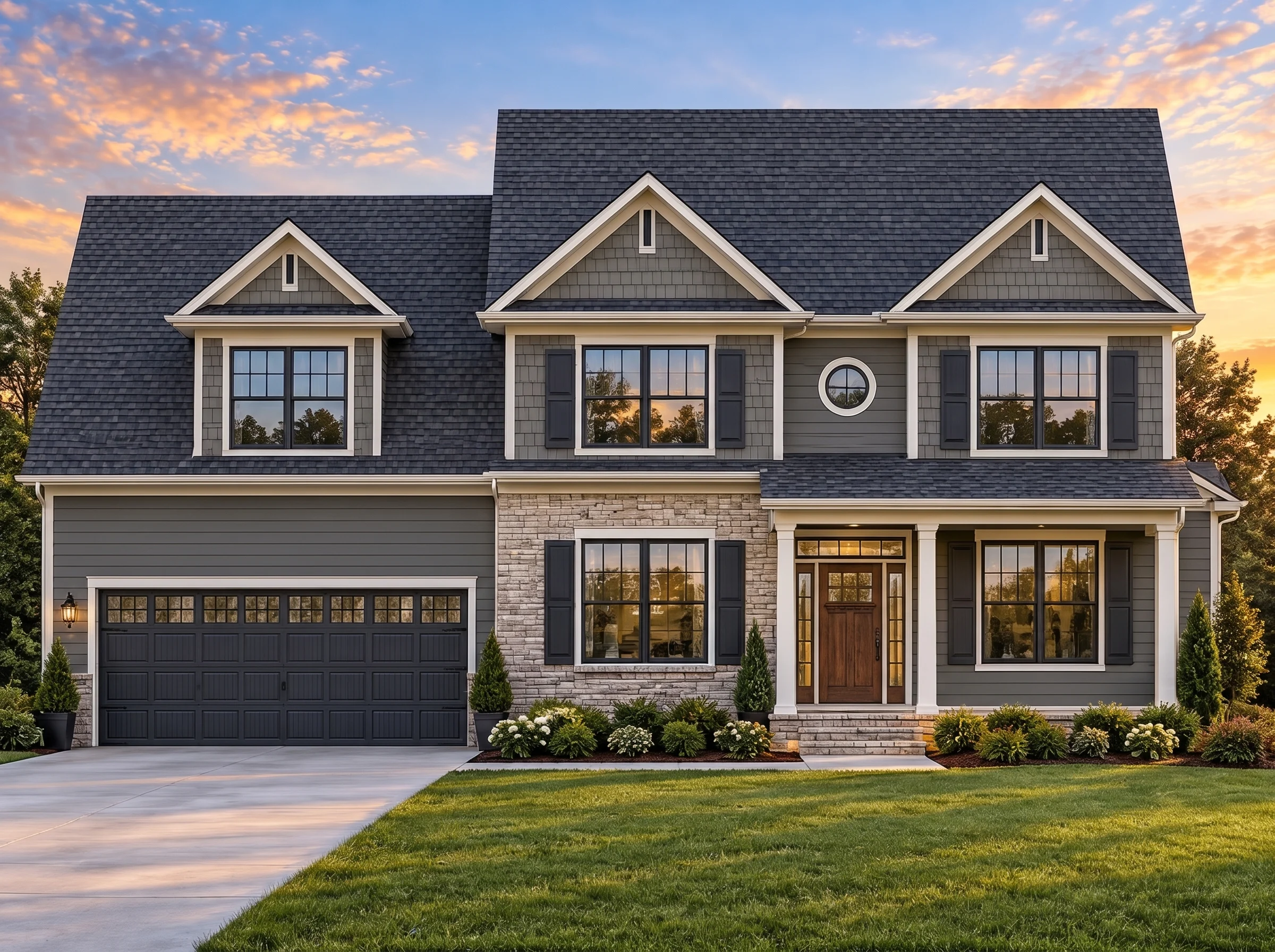 Plan  8-1264 – Aster Trail Hall |  Traditional Colonial – 4-Bed, 2.5-Bath, 2,574 SF - Warm Charcoal, AI-generated exterior concept