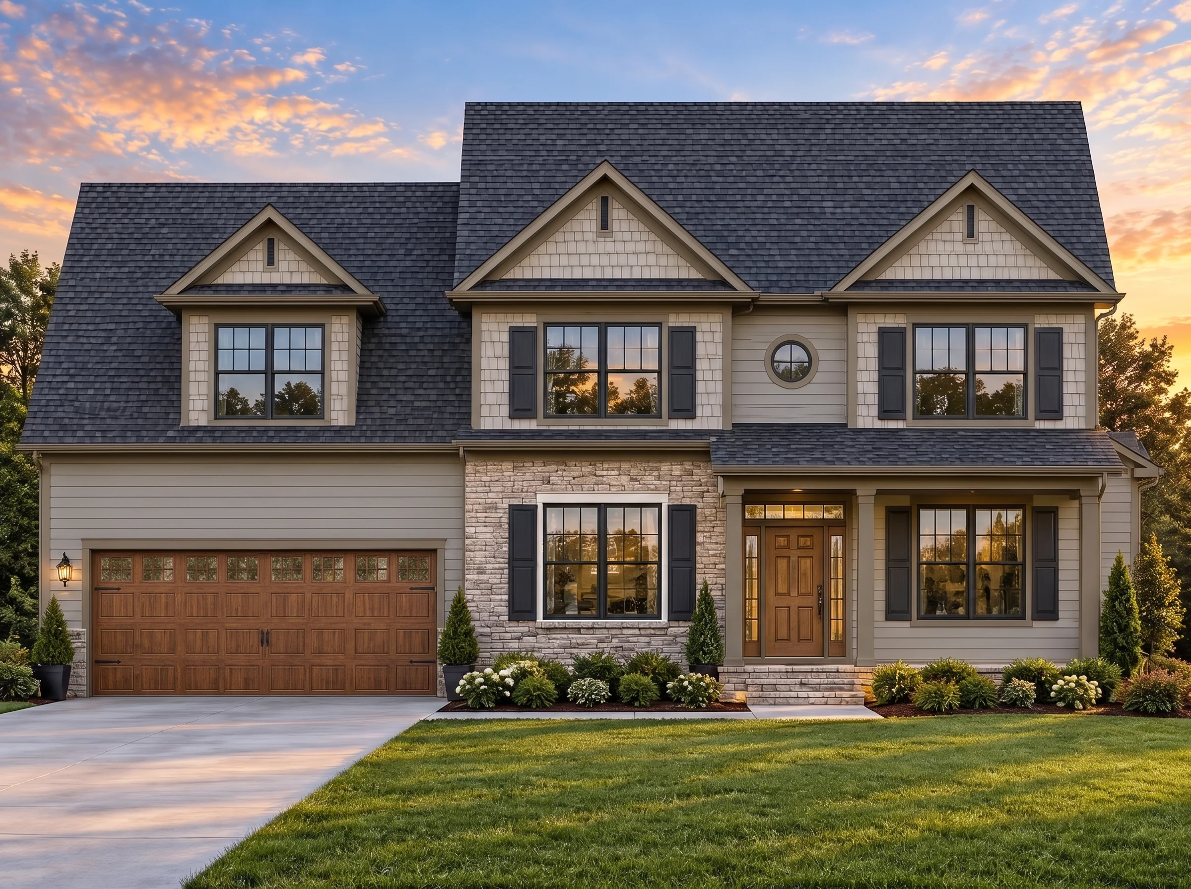 Plan  8-1264 – Aster Trail Hall |  Traditional Colonial – 4-Bed, 2.5-Bath, 2,574 SF - Mushroom Taupe, AI-generated exterior concept