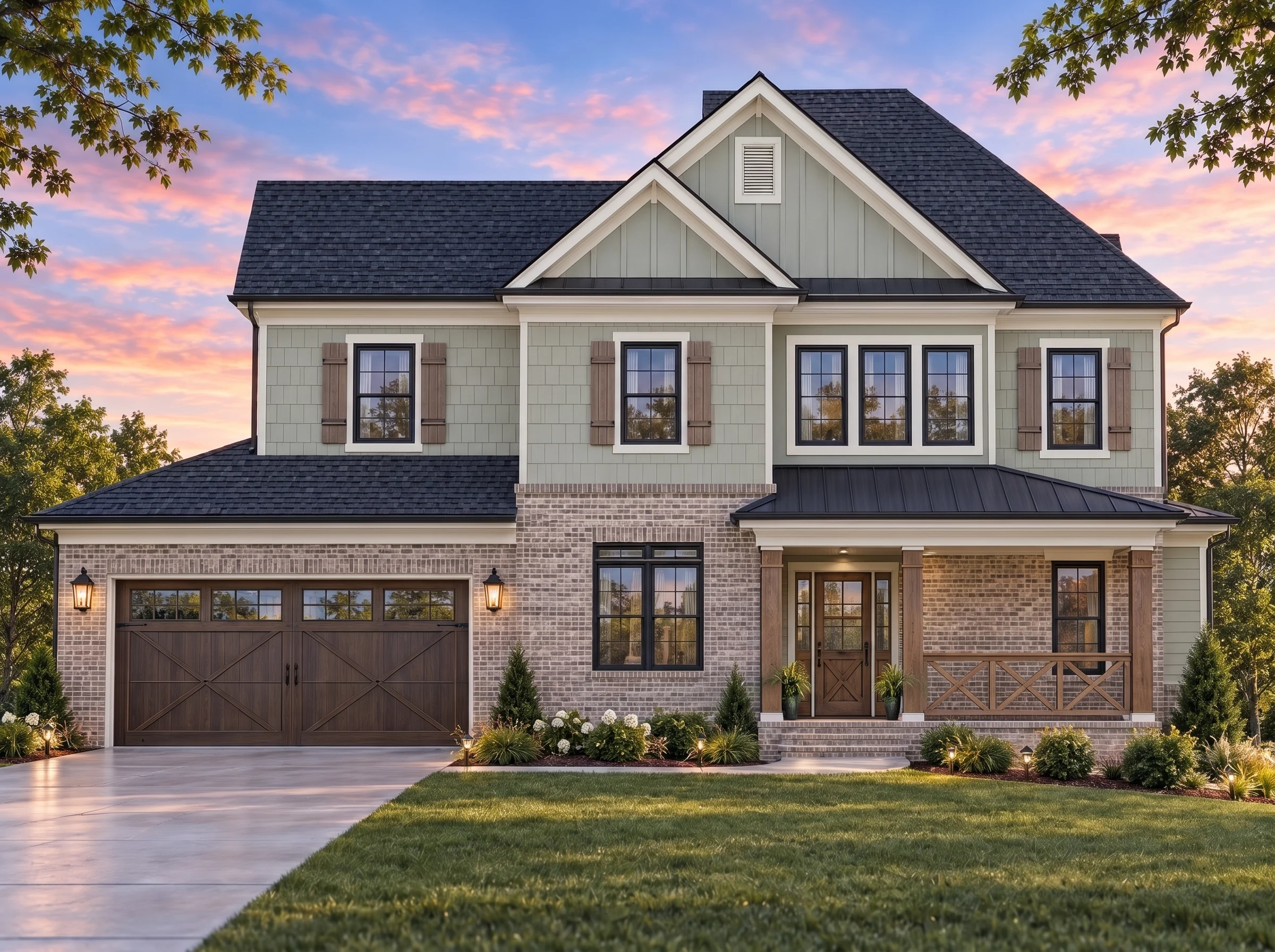 Plan  8-1336 – Aster Bridge Villa |  New American – 4-Bed, 3.5-Bath, 3,607 SF - Muted Sage, AI-generated exterior concept