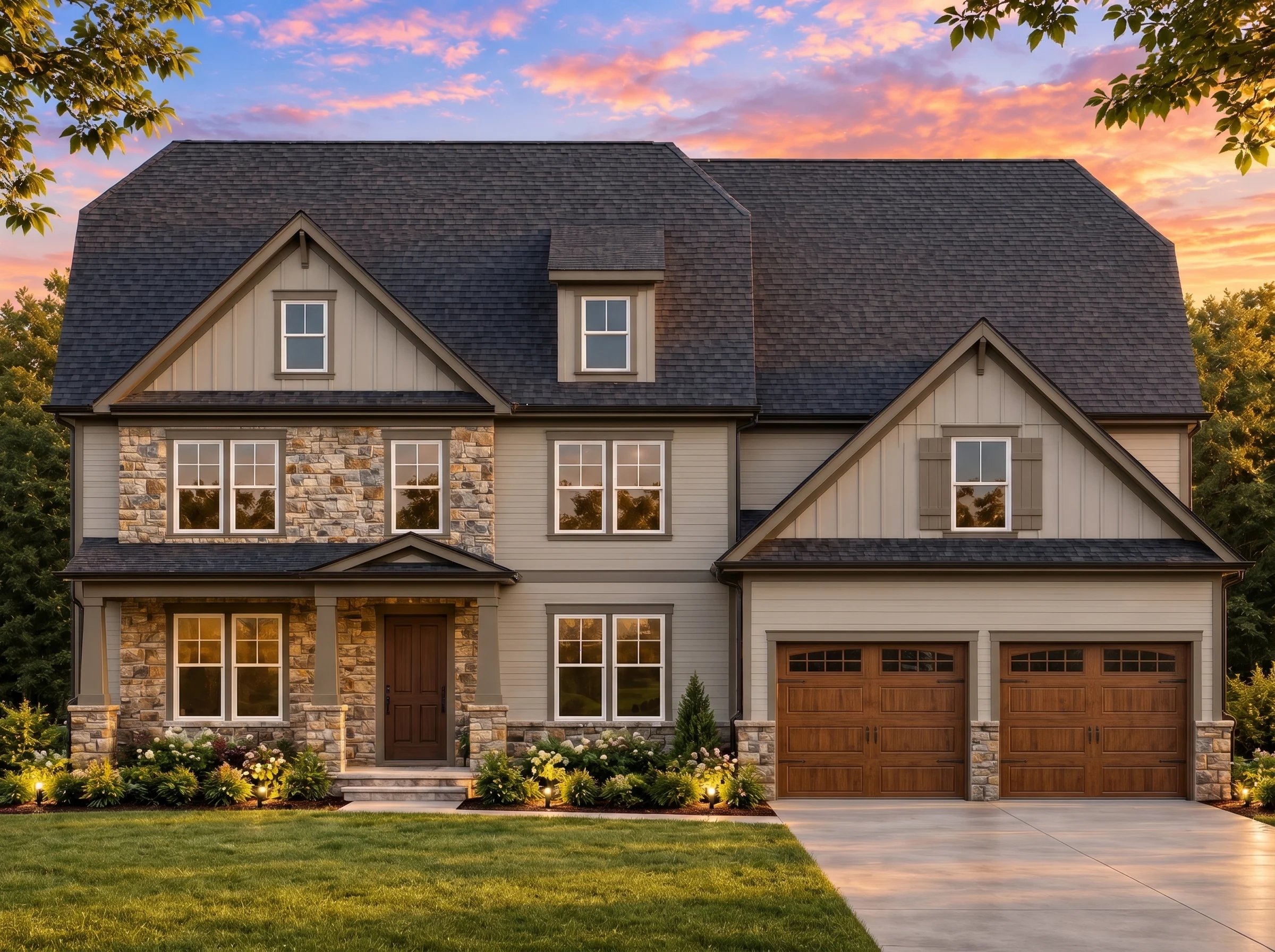 Plan  8-1310 – Nebraska Basin | New  American – 5-Bed, 4-Bath, 3,820 SF - Mushroom Taupe, AI-generated exterior concept
