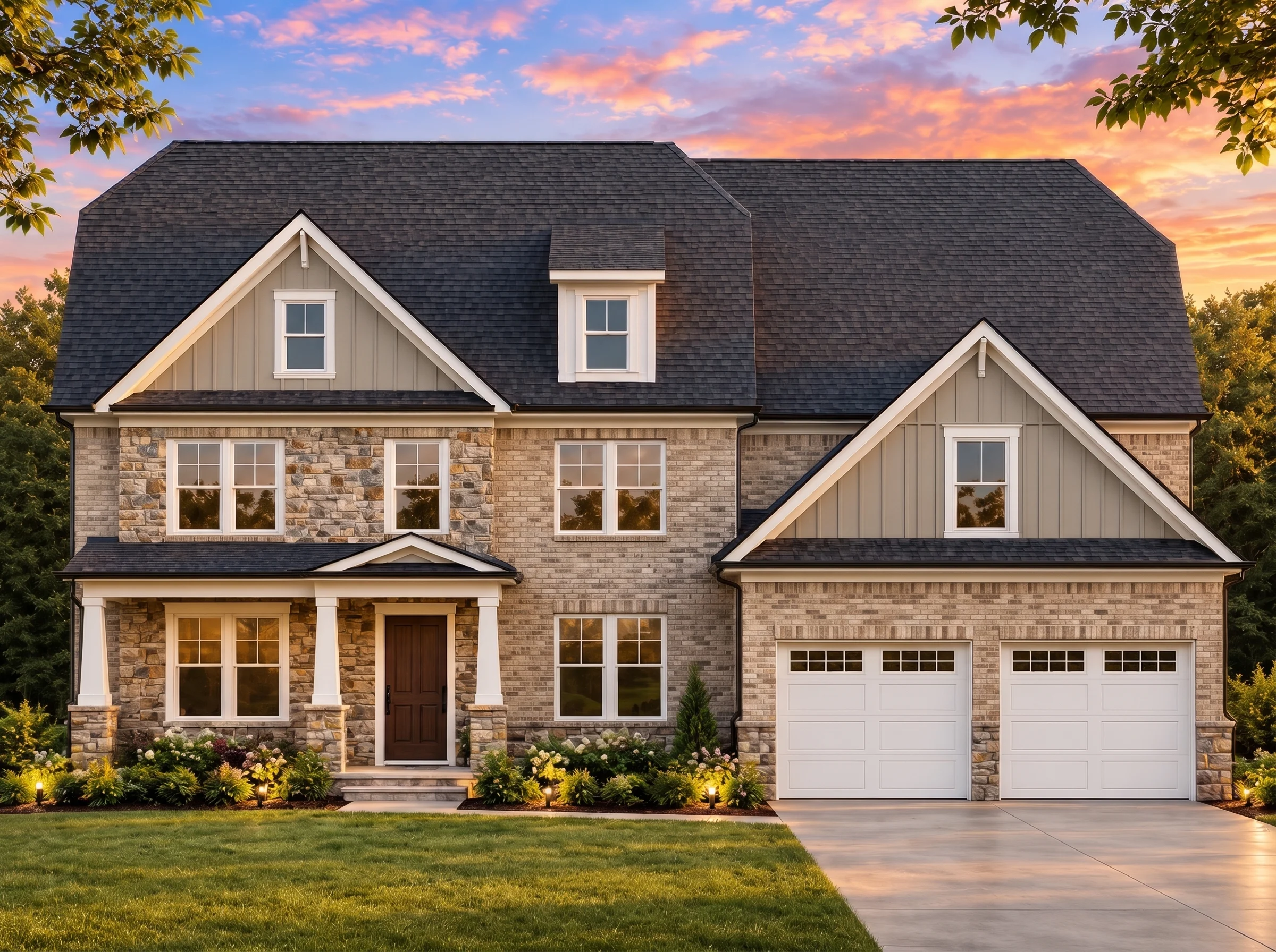 Plan  8-1310 – Nebraska Basin | New  American – 5-Bed, 4-Bath, 3,820 SF - Natural Brick, AI-generated exterior concept