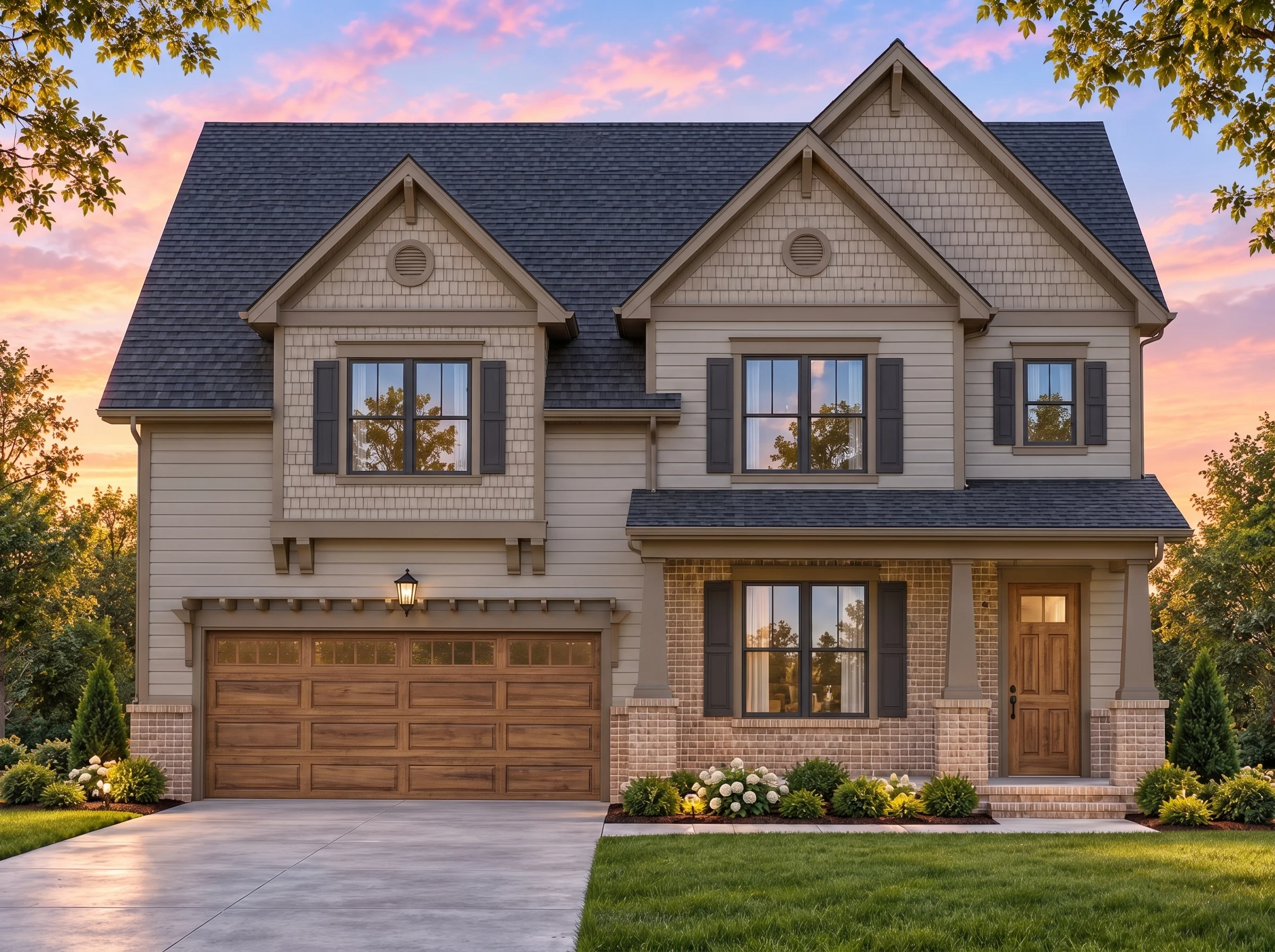 Plan  8-1302 – Aster Cedar Manor |  Modern Farmhouse – 3-Bed, 2-Bath, 4,989 SF - Mushroom Taupe, AI-generated exterior concept