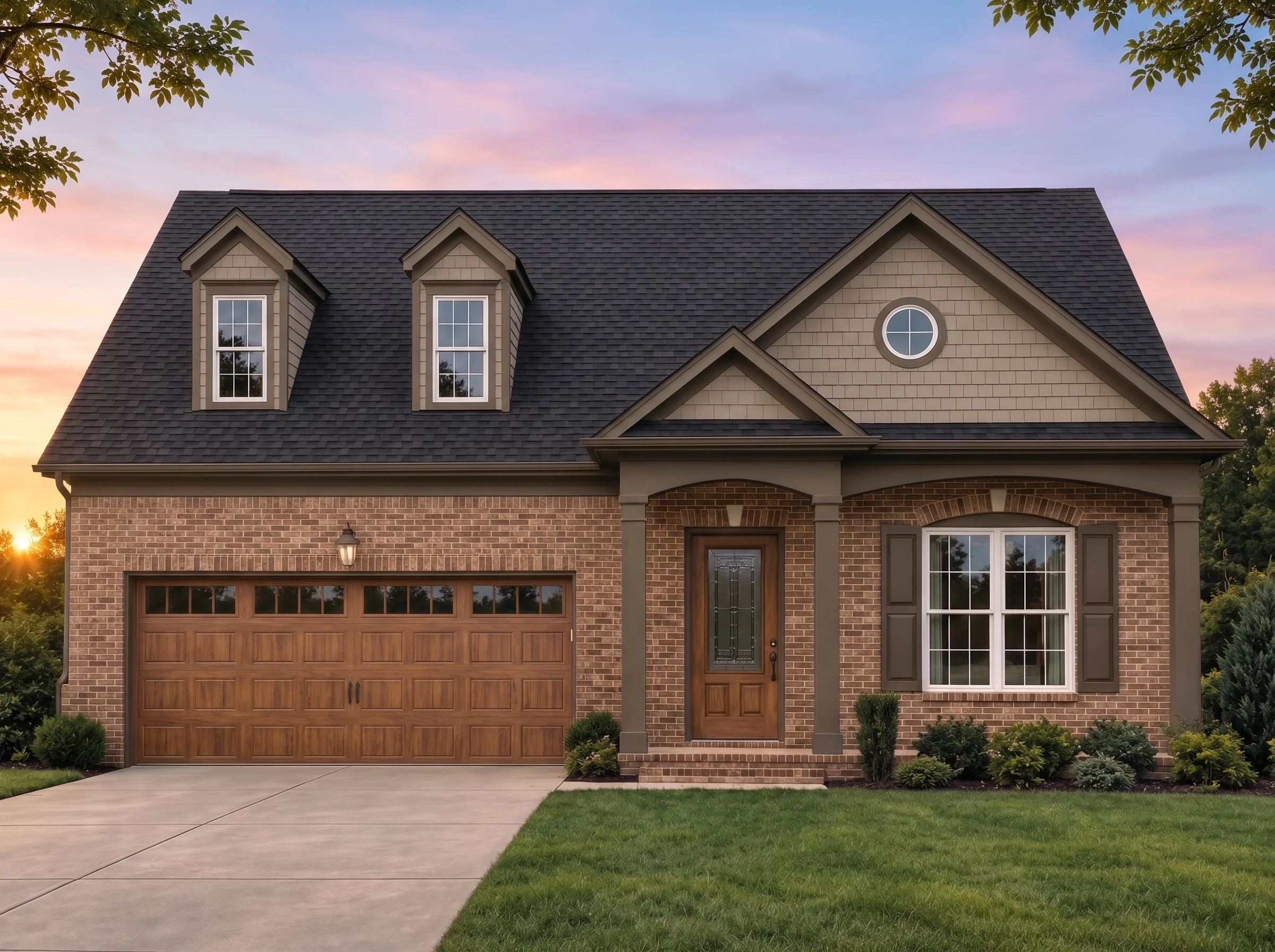 Plan  8-1387 – Aster Station Farmhouse  | Traditional – 3-Bed, 2-Bath, 2,231 SF - Mushroom Taupe, AI-generated exterior concept