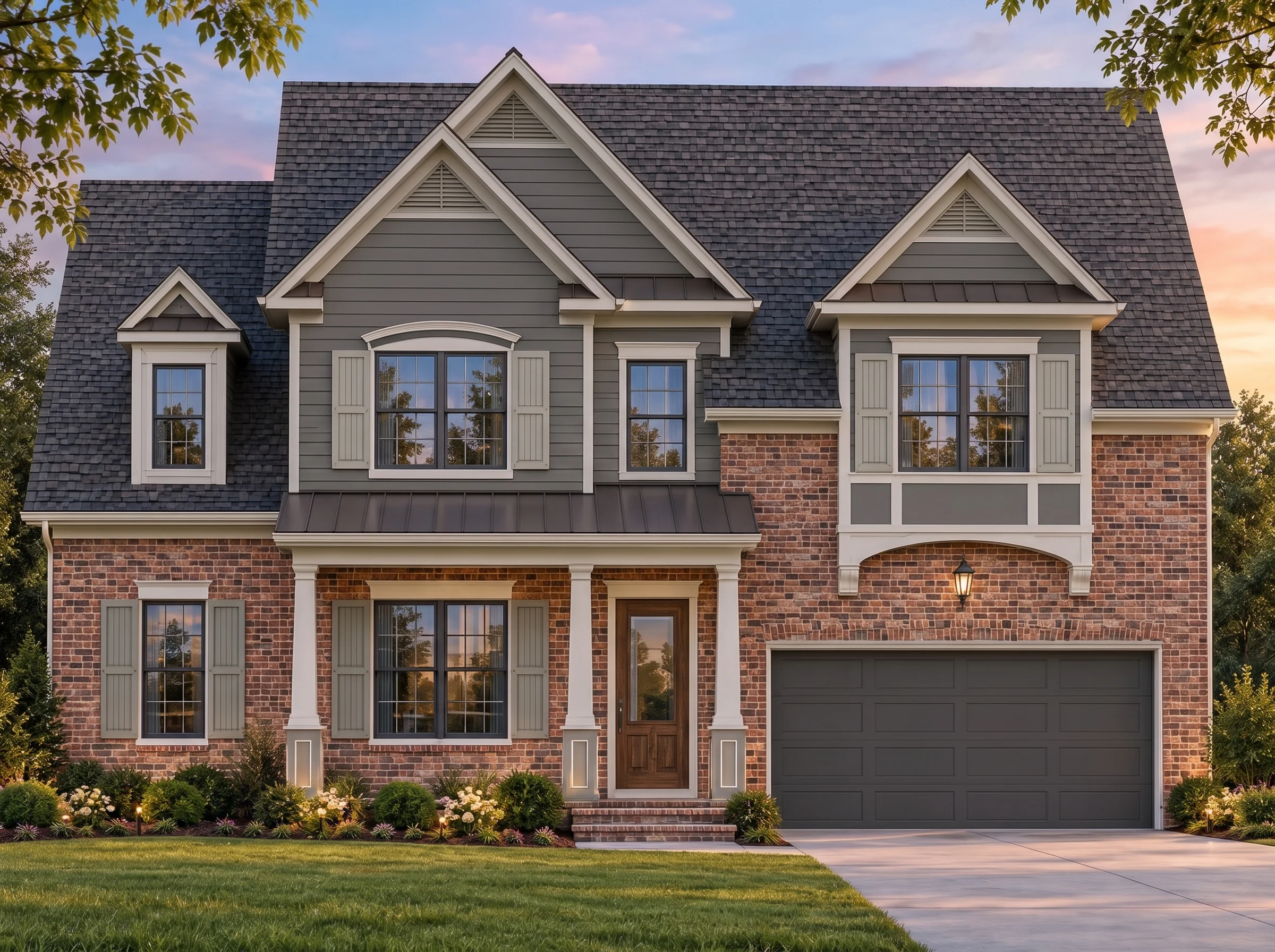 Plan  8-1388 – Aster Pointe Homestead  | Traditional Colonial – 4-Bed, 3.5-Bath, 2,496 SF - Warm Charcoal, AI-generated exterior concept