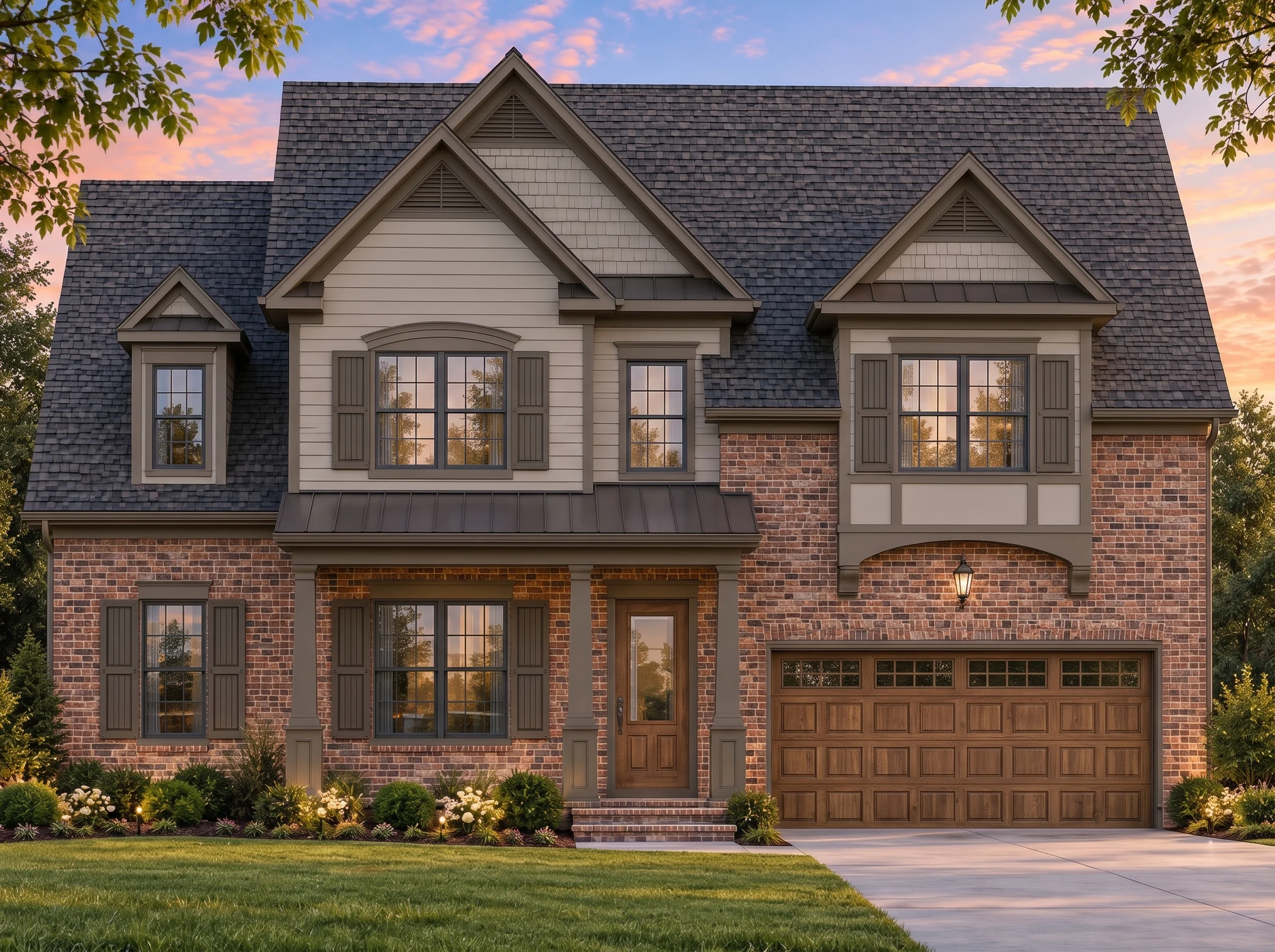 Plan  8-1388 – Aster Pointe Homestead  | Traditional Colonial – 4-Bed, 3.5-Bath, 2,496 SF - Mushroom Taupe, AI-generated exterior concept