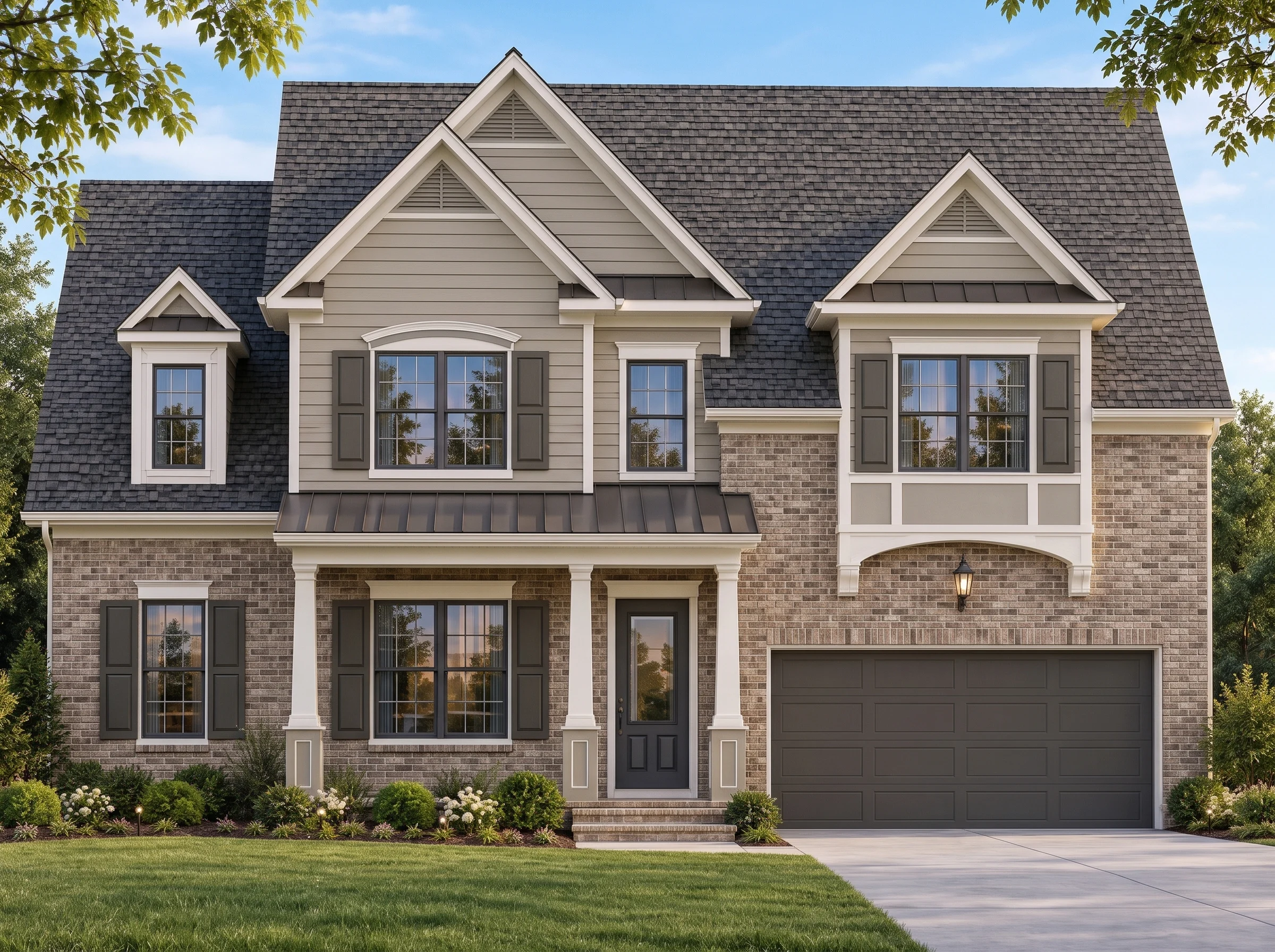 Plan  8-1388 – Aster Pointe Homestead  | Traditional Colonial – 4-Bed, 3.5-Bath, 2,496 SF - Natural Brick, AI-generated exterior concept