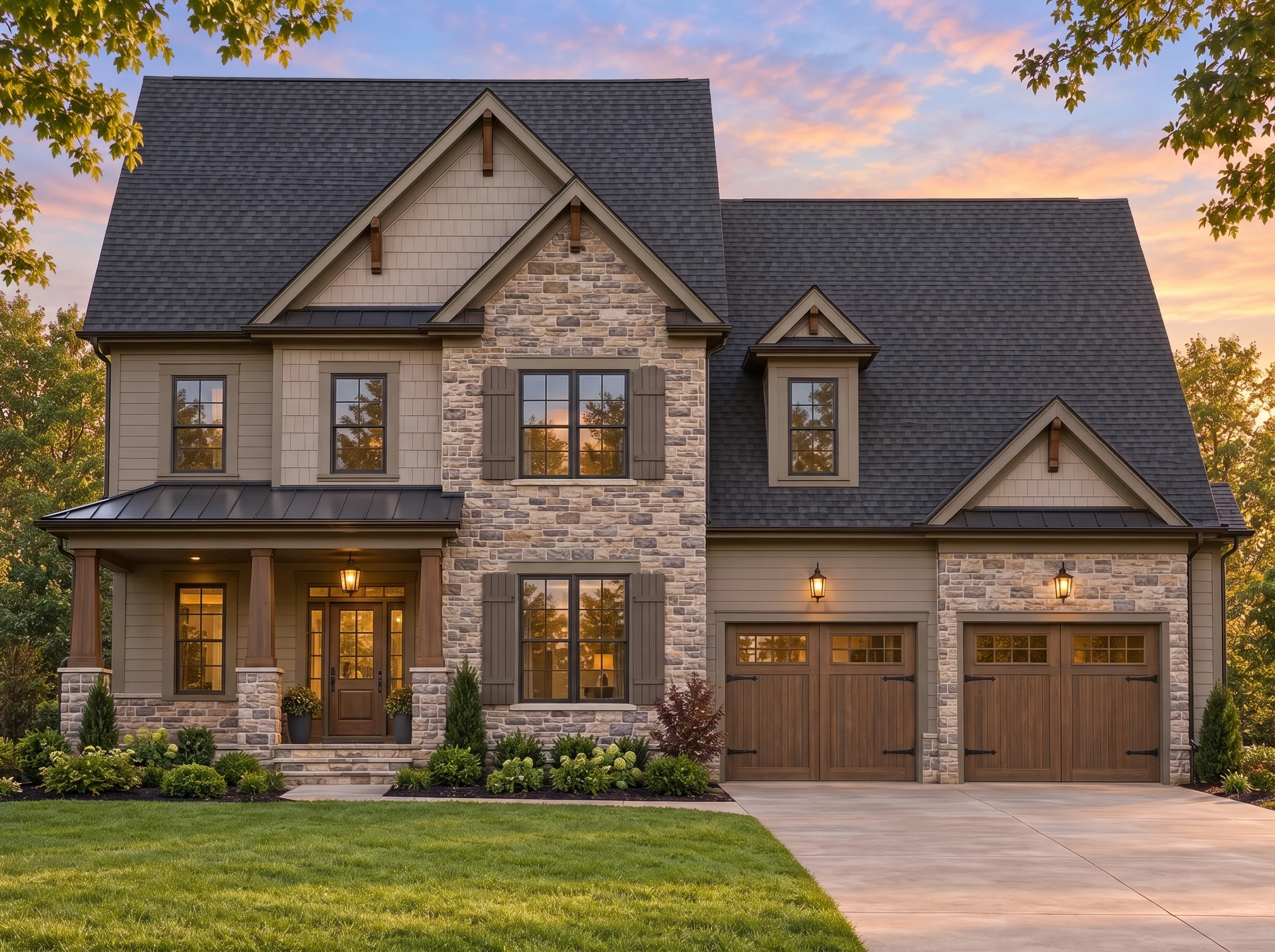 Plan  8-1693 – Foster Crossing | New  American – 4-Bed, 3.5-Bath, 3,452 SF - Mushroom Taupe, AI-generated exterior concept