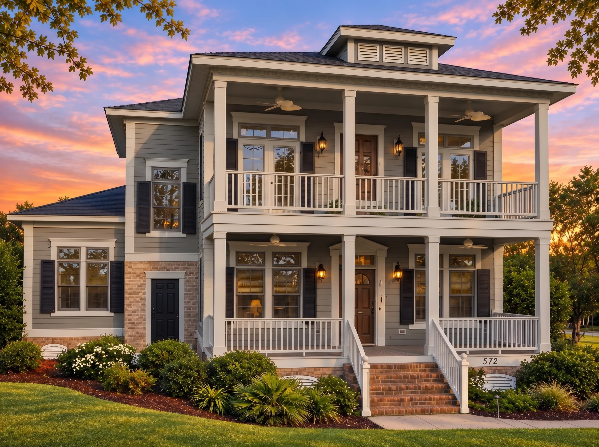 Plan  8-1786 – The Hayes Haven |  Classical Southern – 4-Bed, 3.5-Bath, 3,065 SF - Warm Charcoal, AI-generated exterior concept