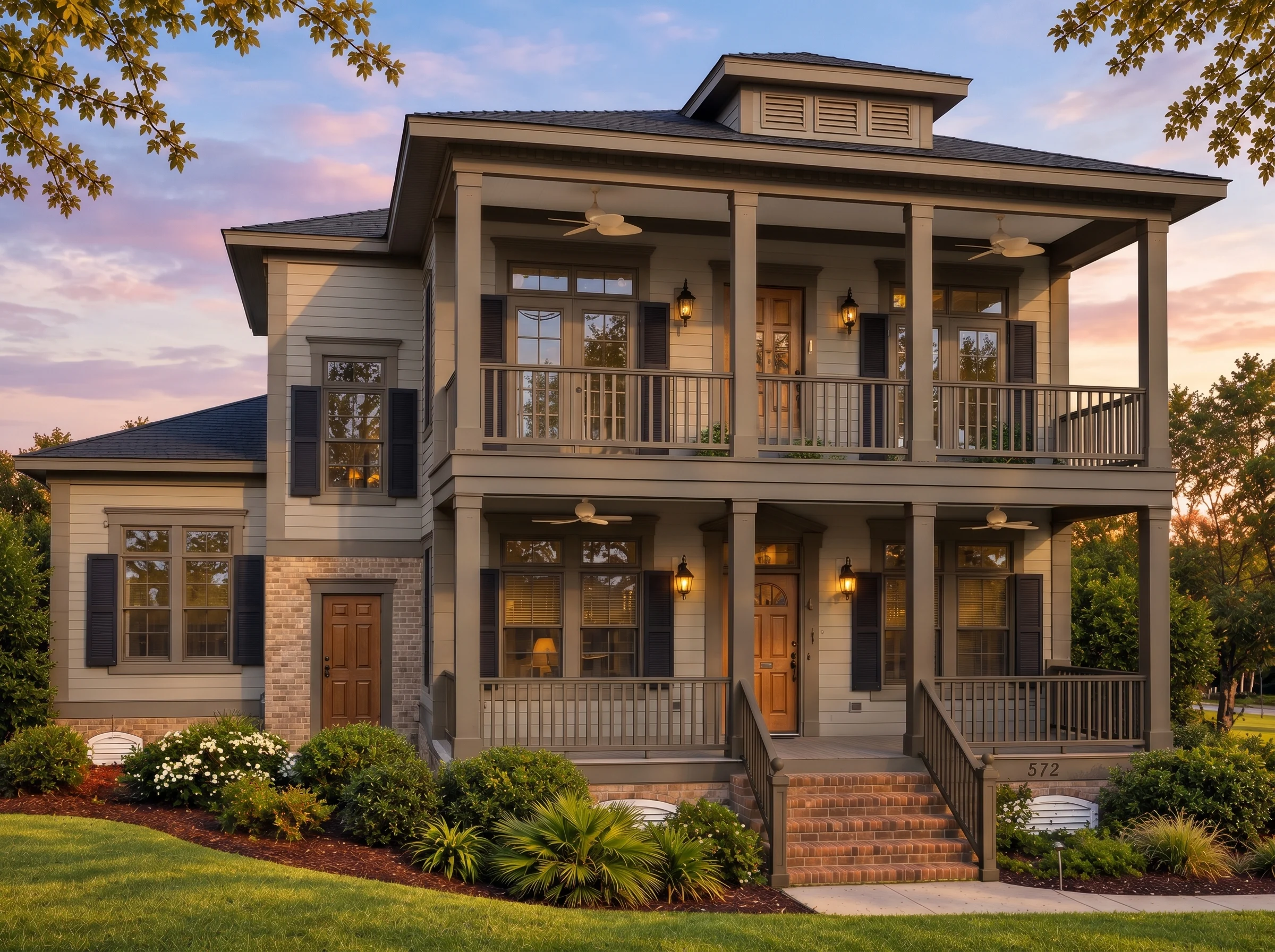 Plan  8-1786 – The Hayes Haven |  Classical Southern – 4-Bed, 3.5-Bath, 3,065 SF - Mushroom Taupe, AI-generated exterior concept