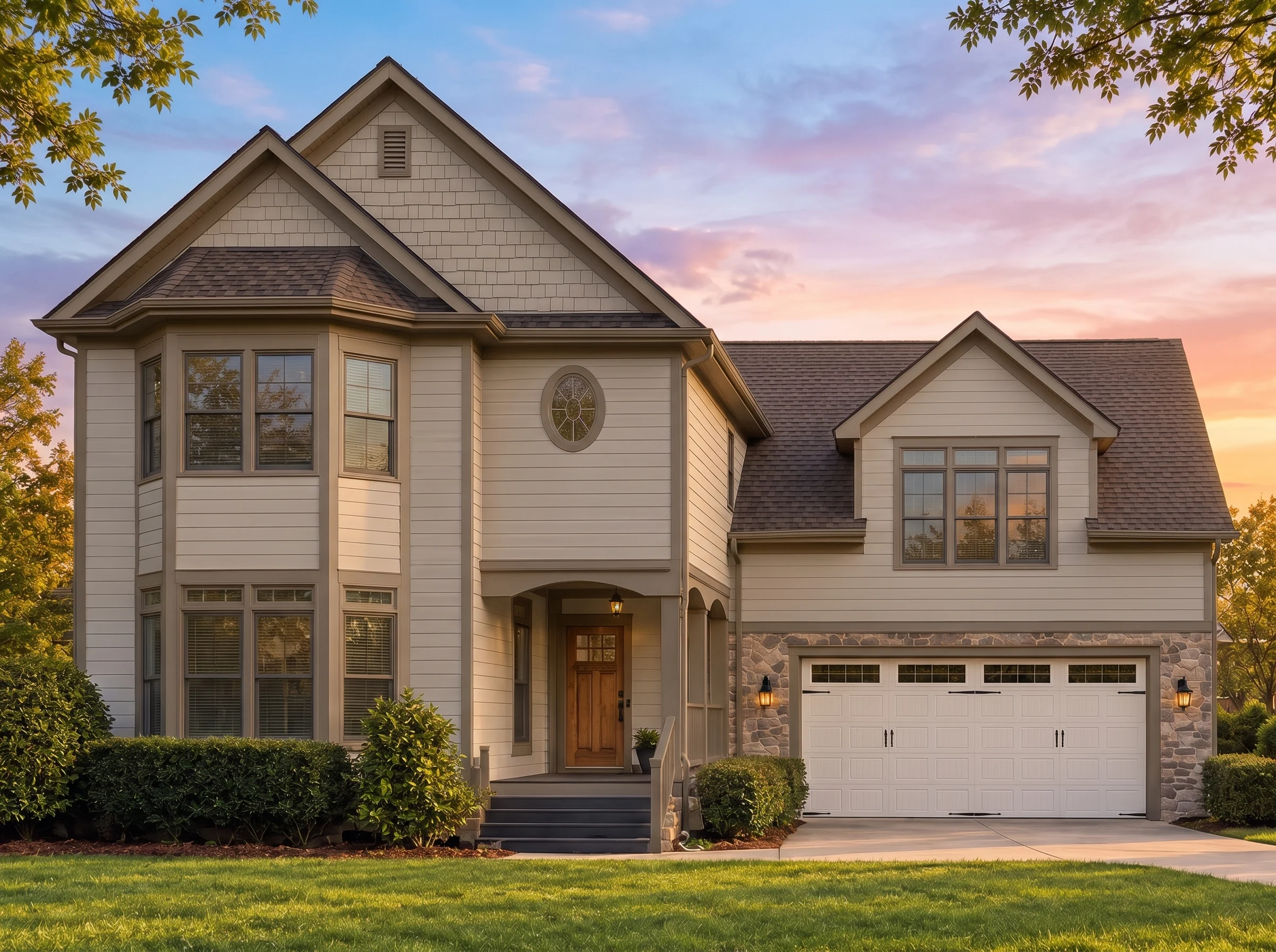 Plan  8-1804 – Aster Trail Place |  Traditional Colonial – 3-Bed, 2.5-Bath, 2,455 SF - Mushroom Taupe, AI-generated exterior concept