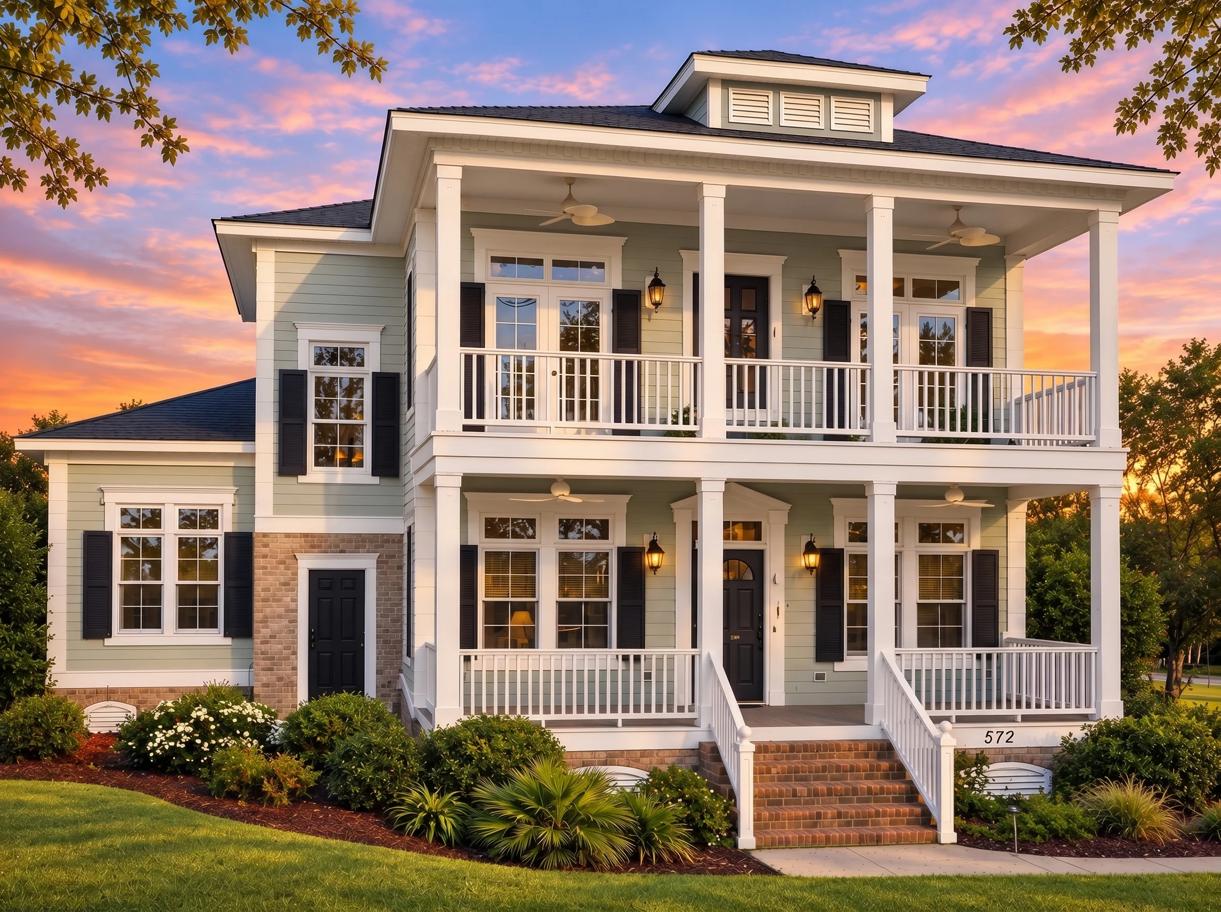 Plan  8-1786 – The Hayes Haven |  Classical Southern – 4-Bed, 3.5-Bath, 3,065 SF - Muted Sage, AI-generated exterior concept