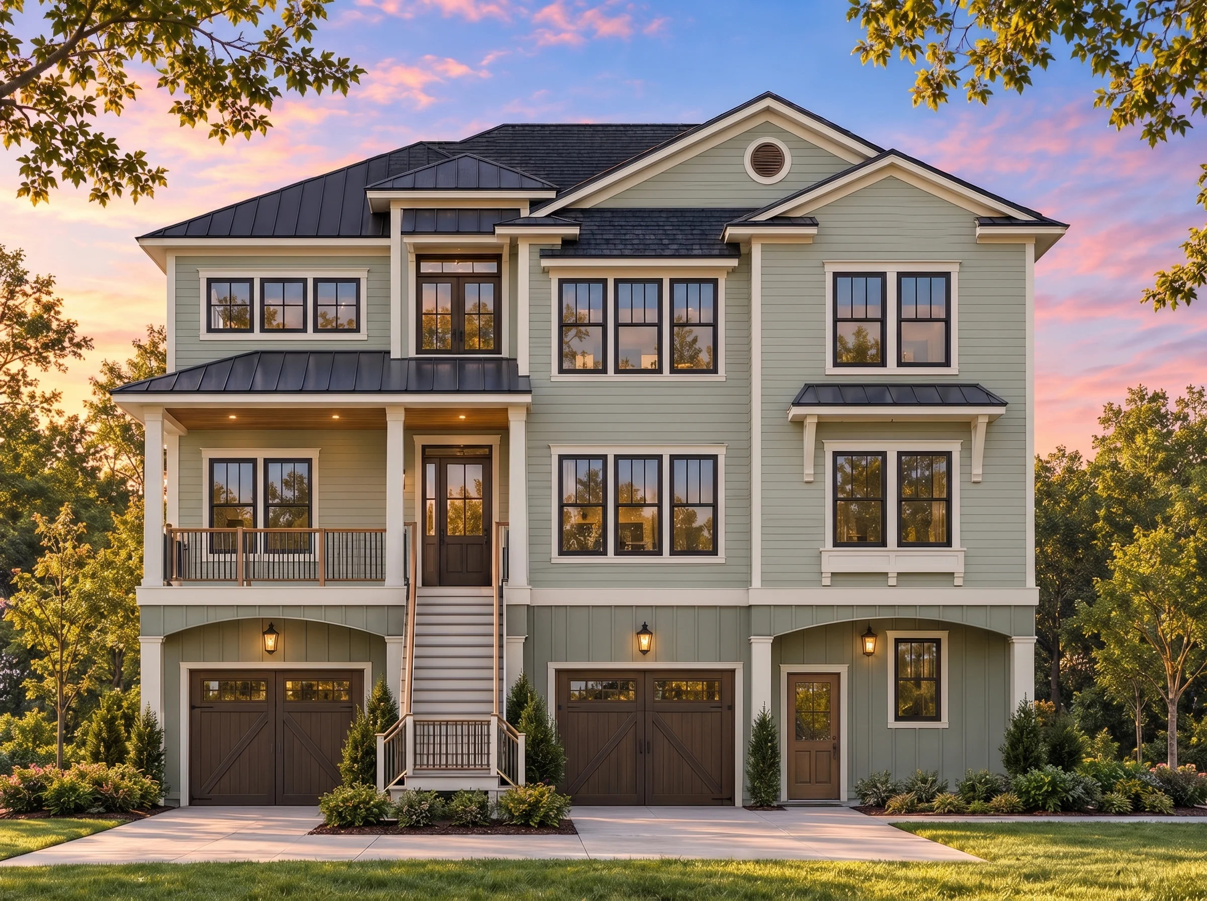 Plan  8-1907 – Auburn Station Retreat  | Coastal – 3-Bed, 3.5-Bath, 3,102 SF - Muted Sage, AI-generated exterior concept