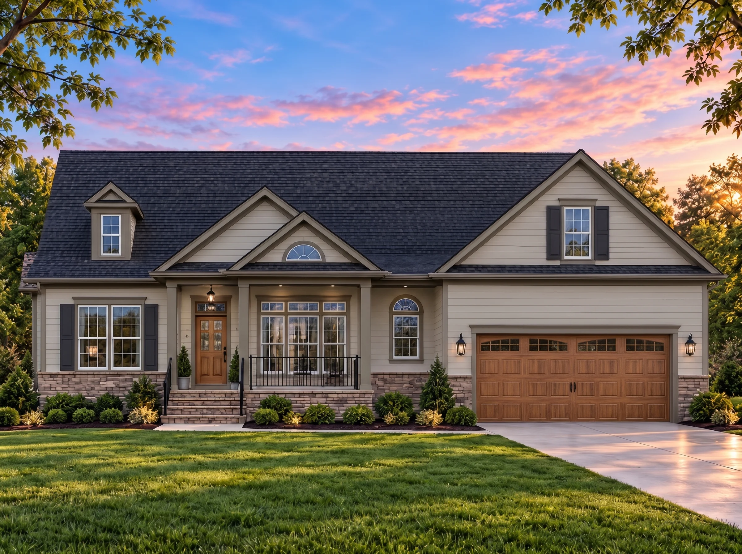 Plan  9-1136 – Aster Terrace Chalet  | Traditional Colonial – 3-Bed, 2.5-Bath, 2,985 SF - Mushroom Taupe, AI-generated exterior concept