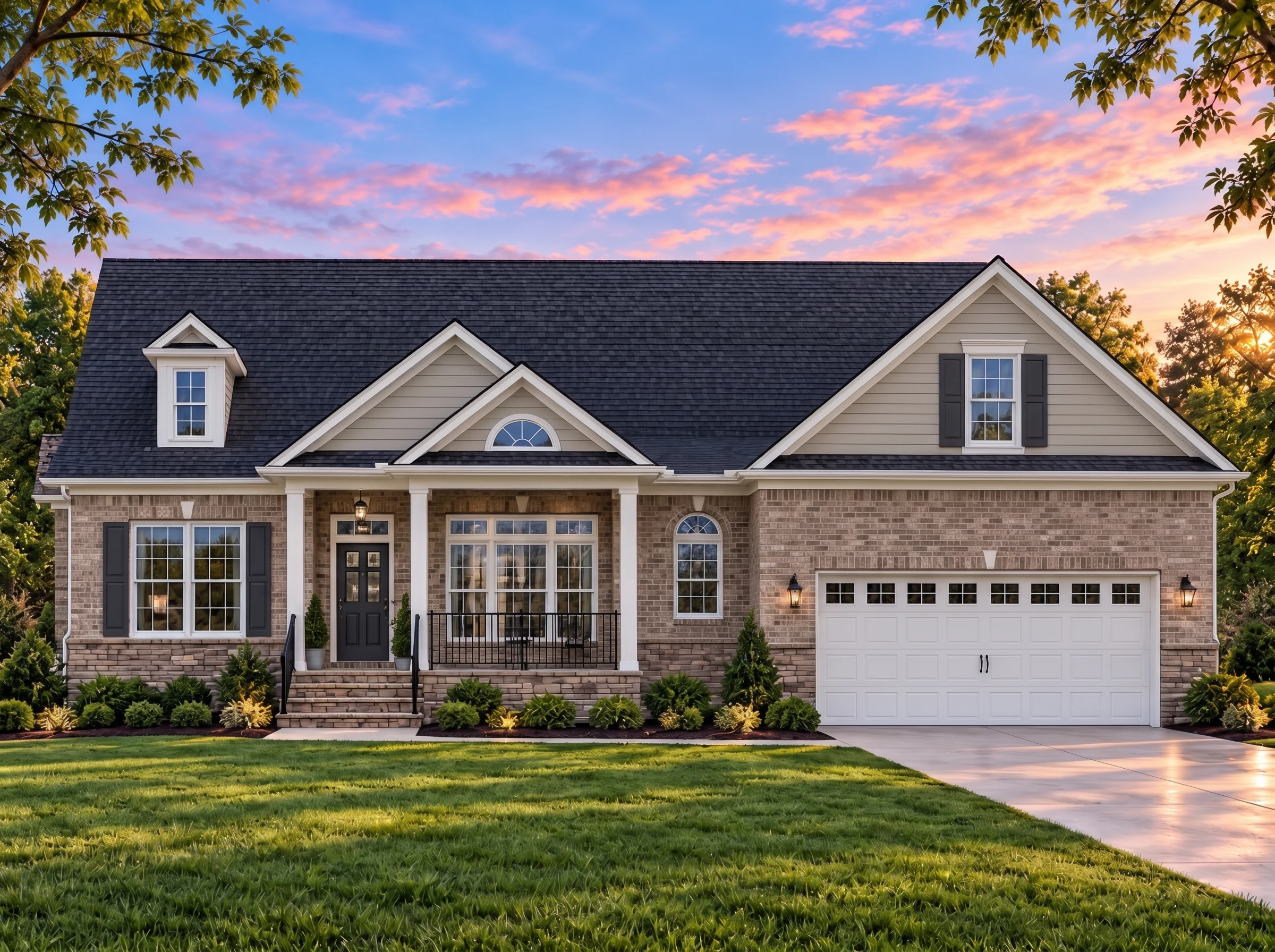 Plan  9-1136 – Aster Terrace Chalet  | Traditional Colonial – 3-Bed, 2.5-Bath, 2,985 SF - Natural Brick, AI-generated exterior concept