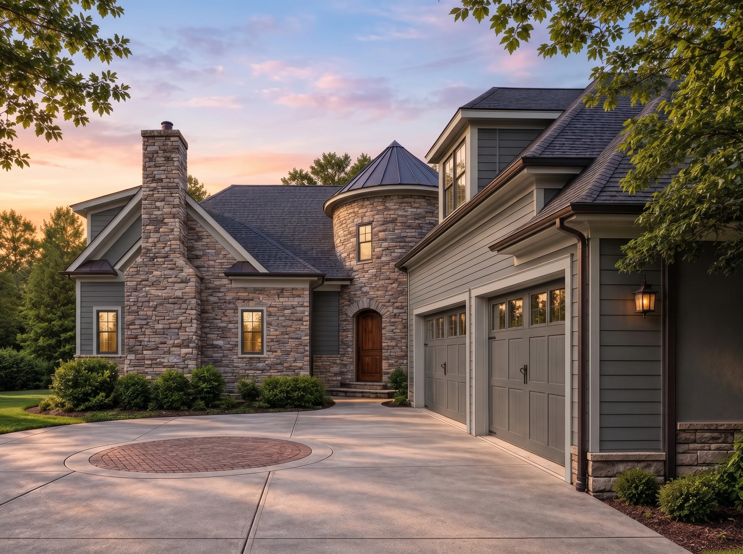 Plan  9-1363 – Quantum Cabin |  French Country – 4-Bed, 4-Bath, 4,100 SF - Warm Charcoal, AI-generated exterior concept