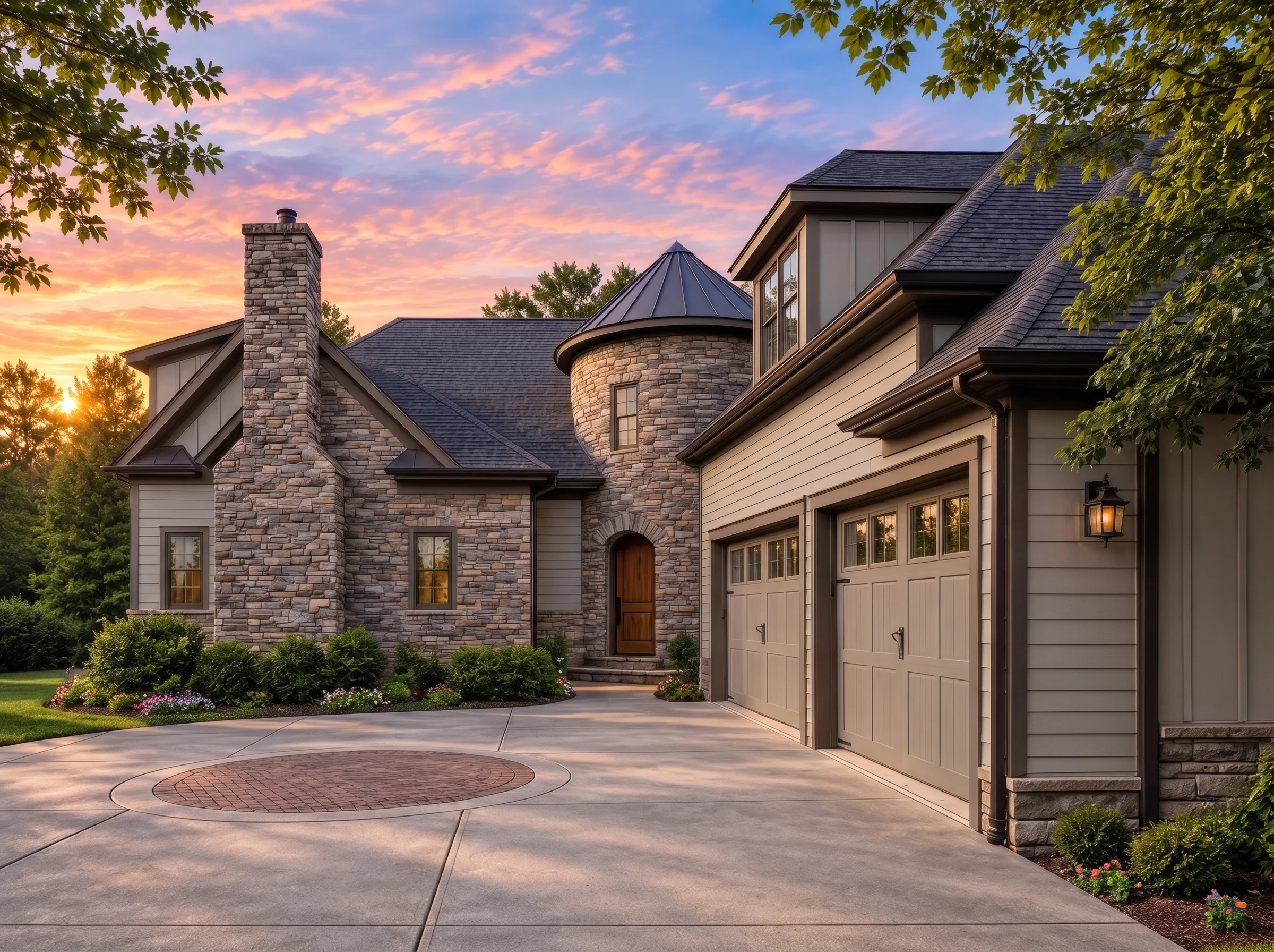 Plan  9-1363 – Quantum Cabin |  French Country – 4-Bed, 4-Bath, 4,100 SF - Mushroom Taupe, AI-generated exterior concept