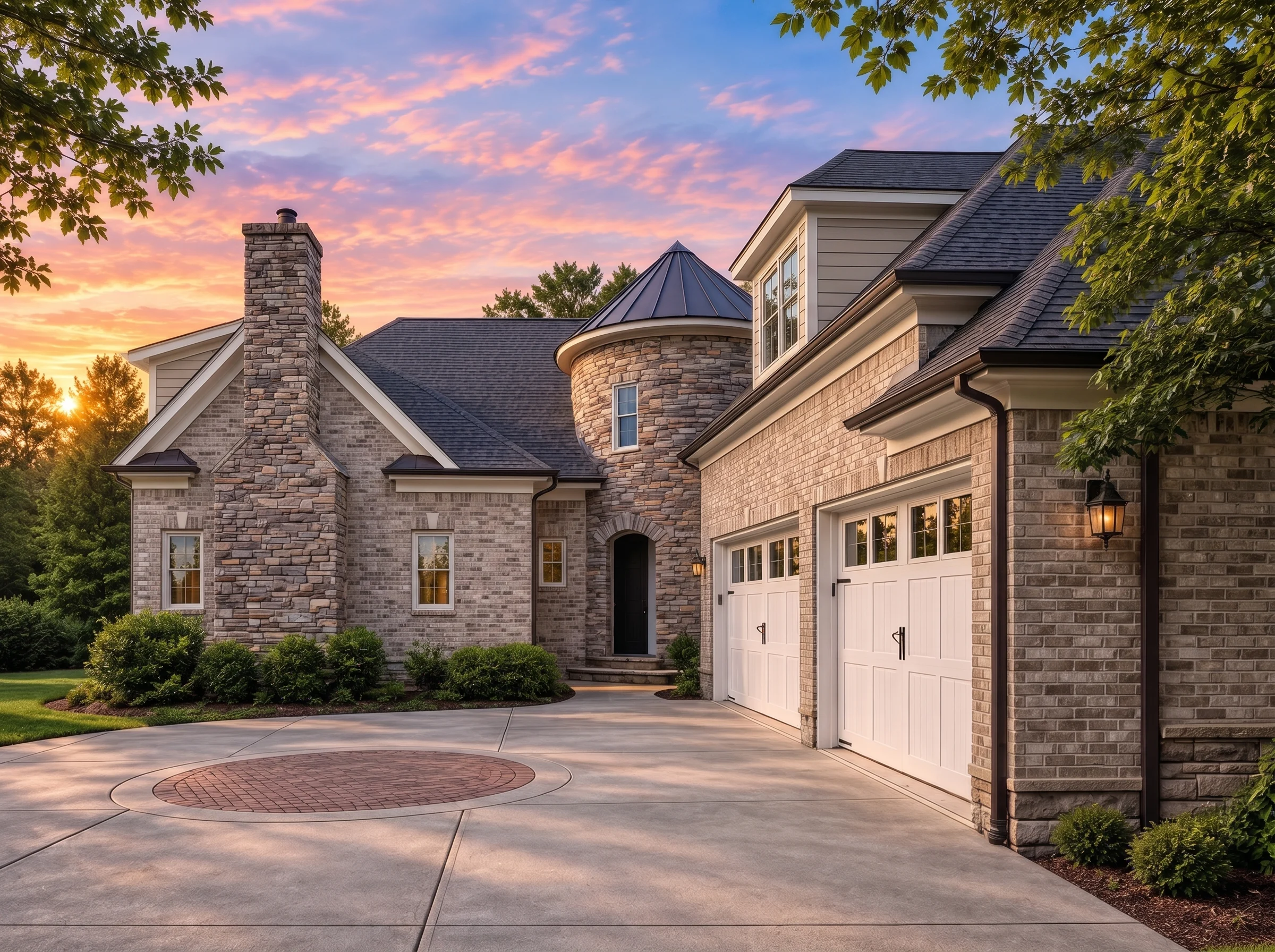 Plan  9-1363 – Quantum Cabin |  French Country – 4-Bed, 4-Bath, 4,100 SF - Natural Brick, AI-generated exterior concept