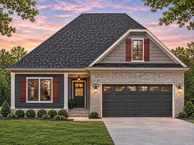 Courtyard House Plans 21 Front elevation of a Traditional Ranch style home with beige horizontal siding, black shutters, and partial stone base accents under a steep gable roof.