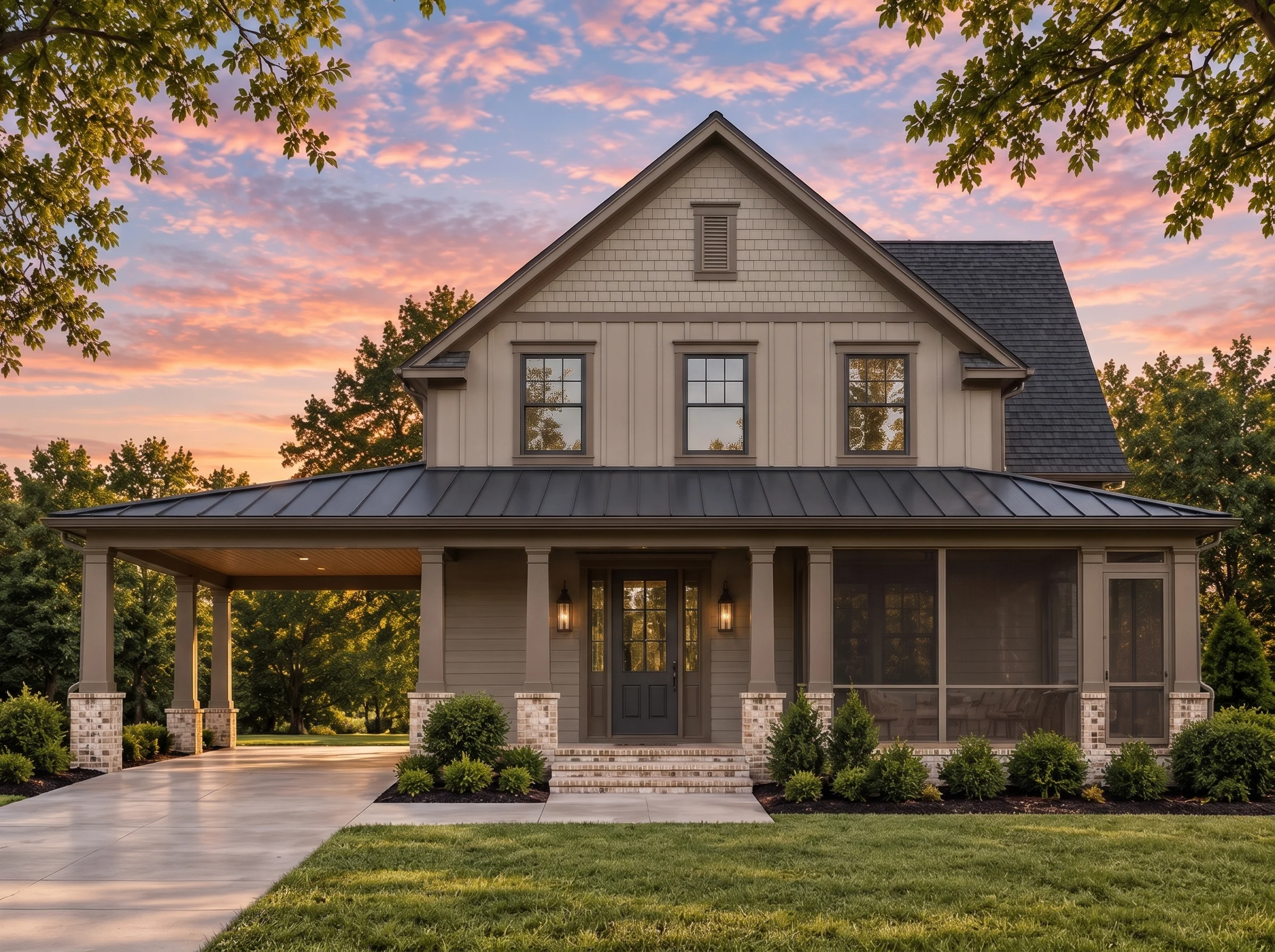 Plan  10-1602 – Auburn Vale Farmhouse  | Modern Farmhouse – 3-Bed, 2.5-Bath, 1,651 SF - Mushroom Taupe, AI-generated exterior concept