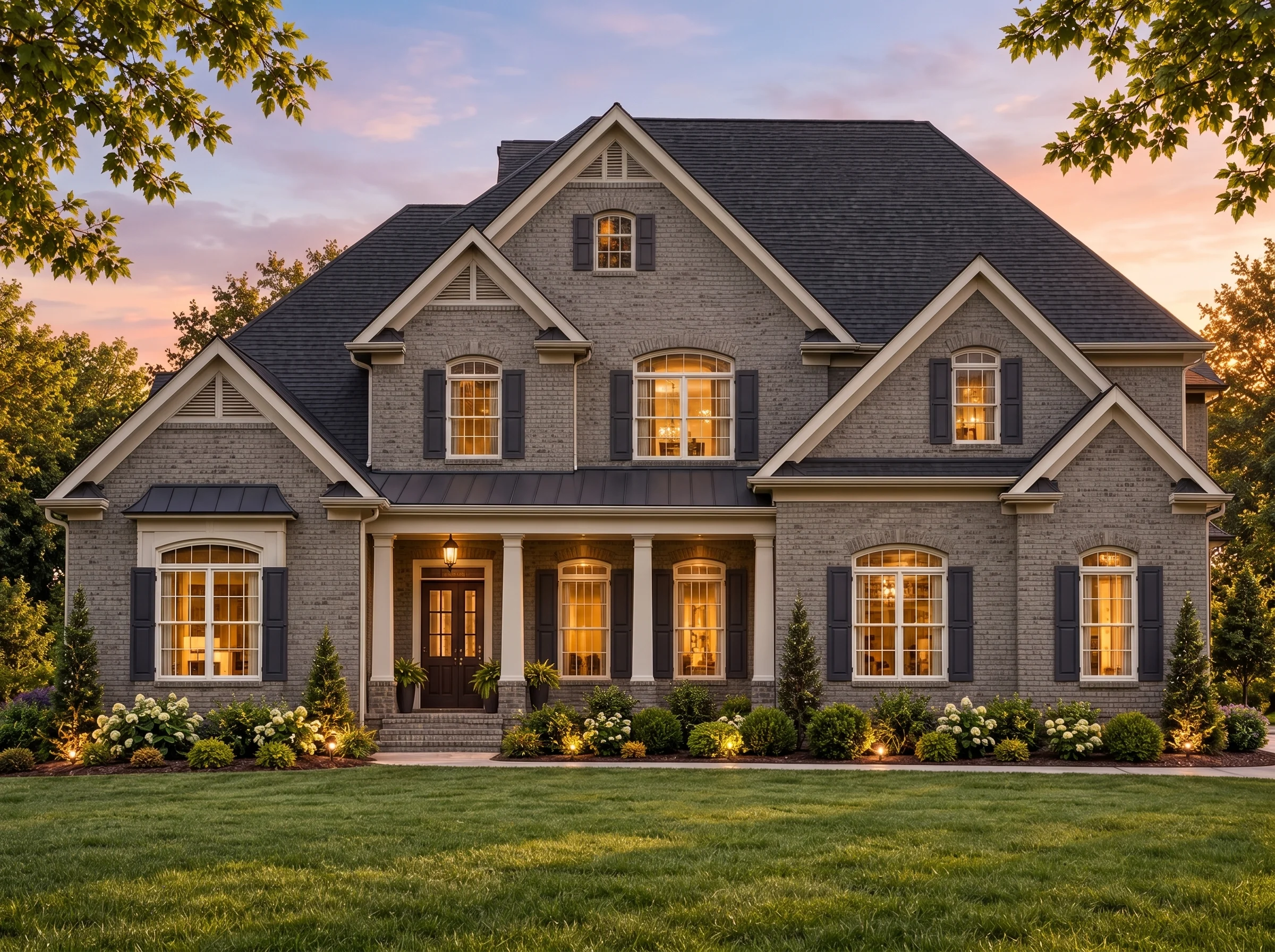 Plan  11-1041 – Mile End |  Traditional – 4-Bed, 4-Bath, 3,707 SF - Warm Charcoal, AI-generated exterior concept