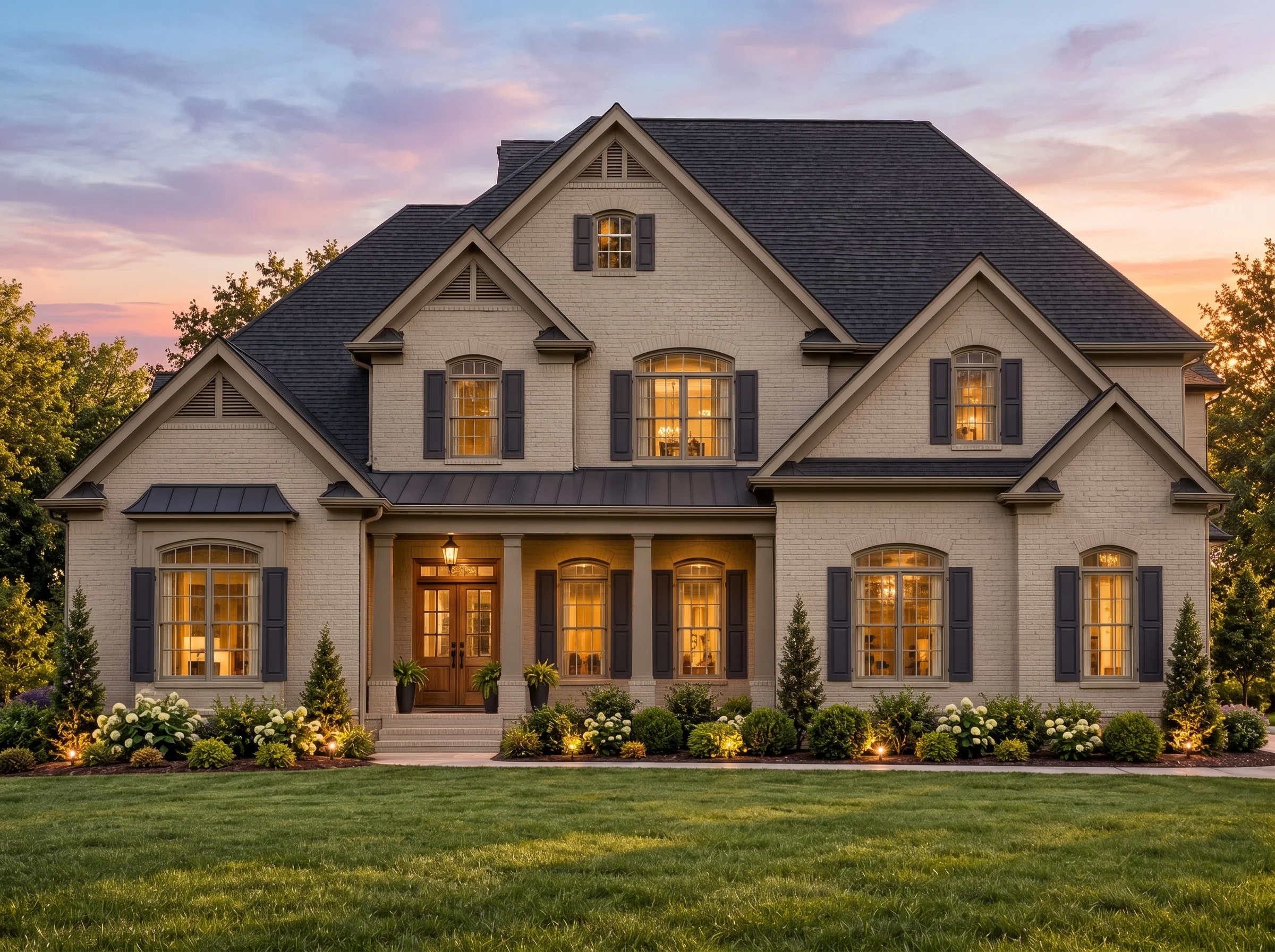 Plan  11-1041 – Mile End |  Traditional – 4-Bed, 4-Bath, 3,707 SF - Mushroom Taupe, AI-generated exterior concept
