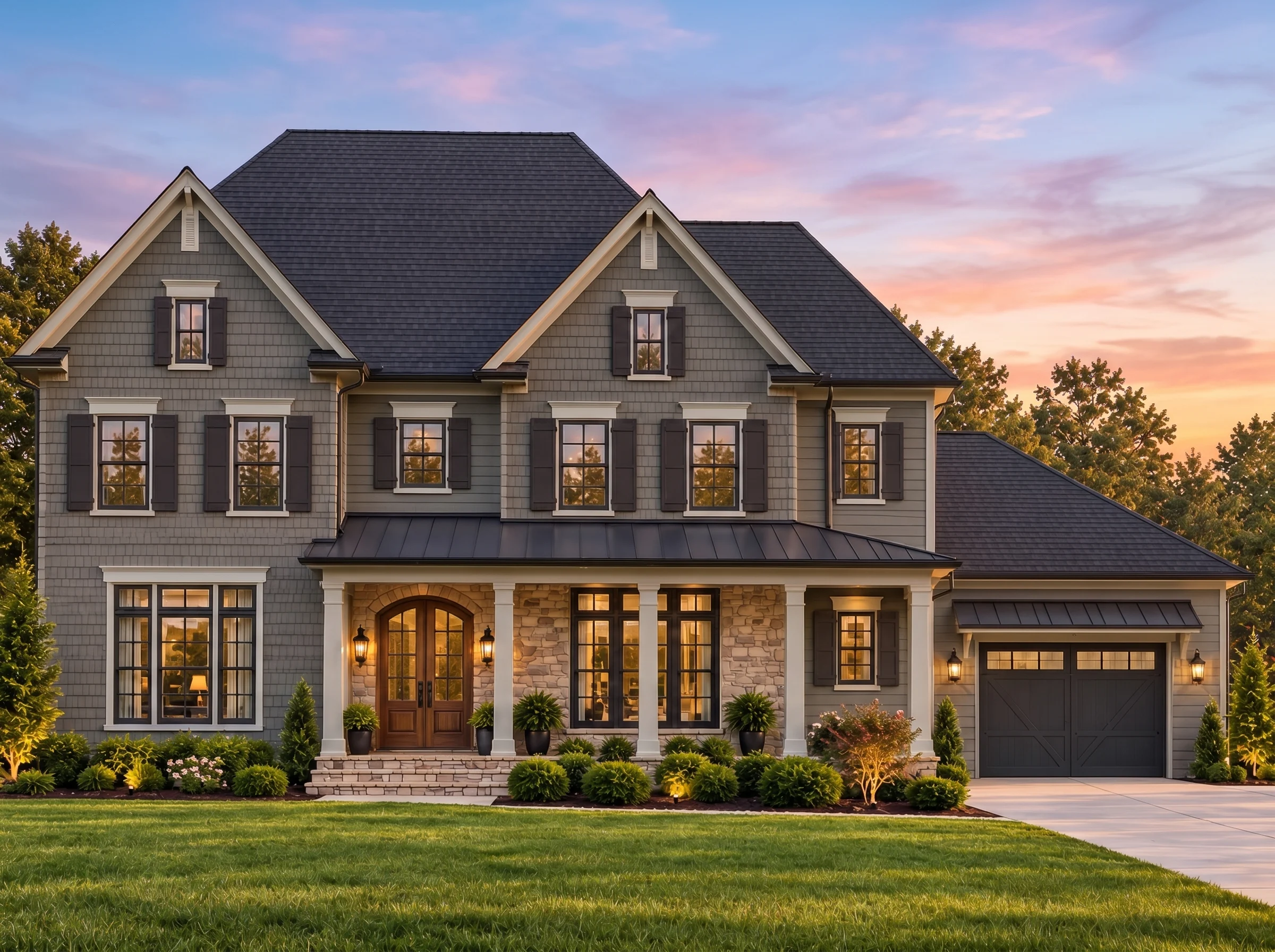 Plan  11-1087 – Asheville Vernacular  | Modern Farmhouse – 5-Bed, 5-Bath, 4,112 SF - Warm Charcoal, AI-generated exterior concept