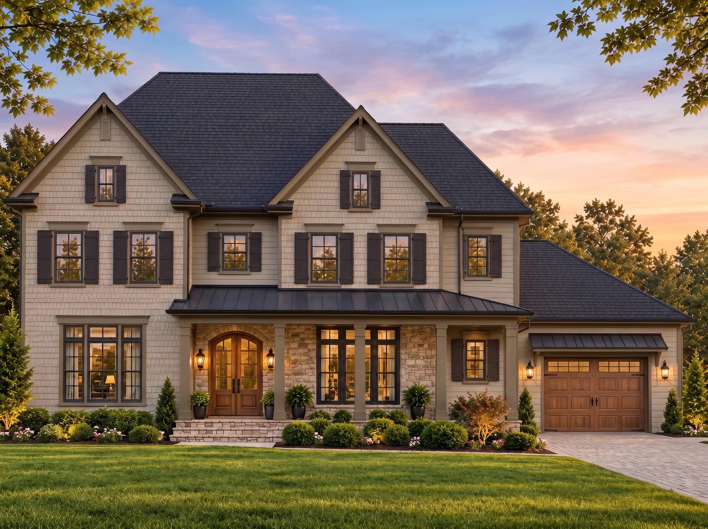 Plan  11-1087 – Asheville Vernacular  | Modern Farmhouse – 5-Bed, 5-Bath, 4,112 SF - Mushroom Taupe, AI-generated exterior concept