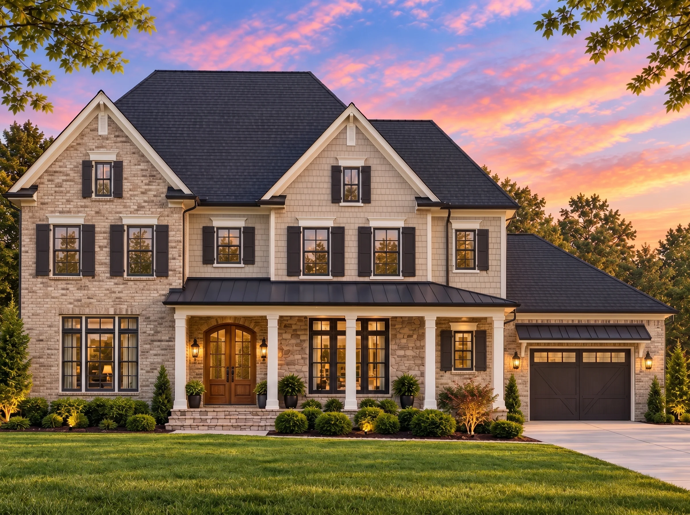 Plan  11-1087 – Asheville Vernacular  | Modern Farmhouse – 5-Bed, 5-Bath, 4,112 SF - Natural Brick, AI-generated exterior concept