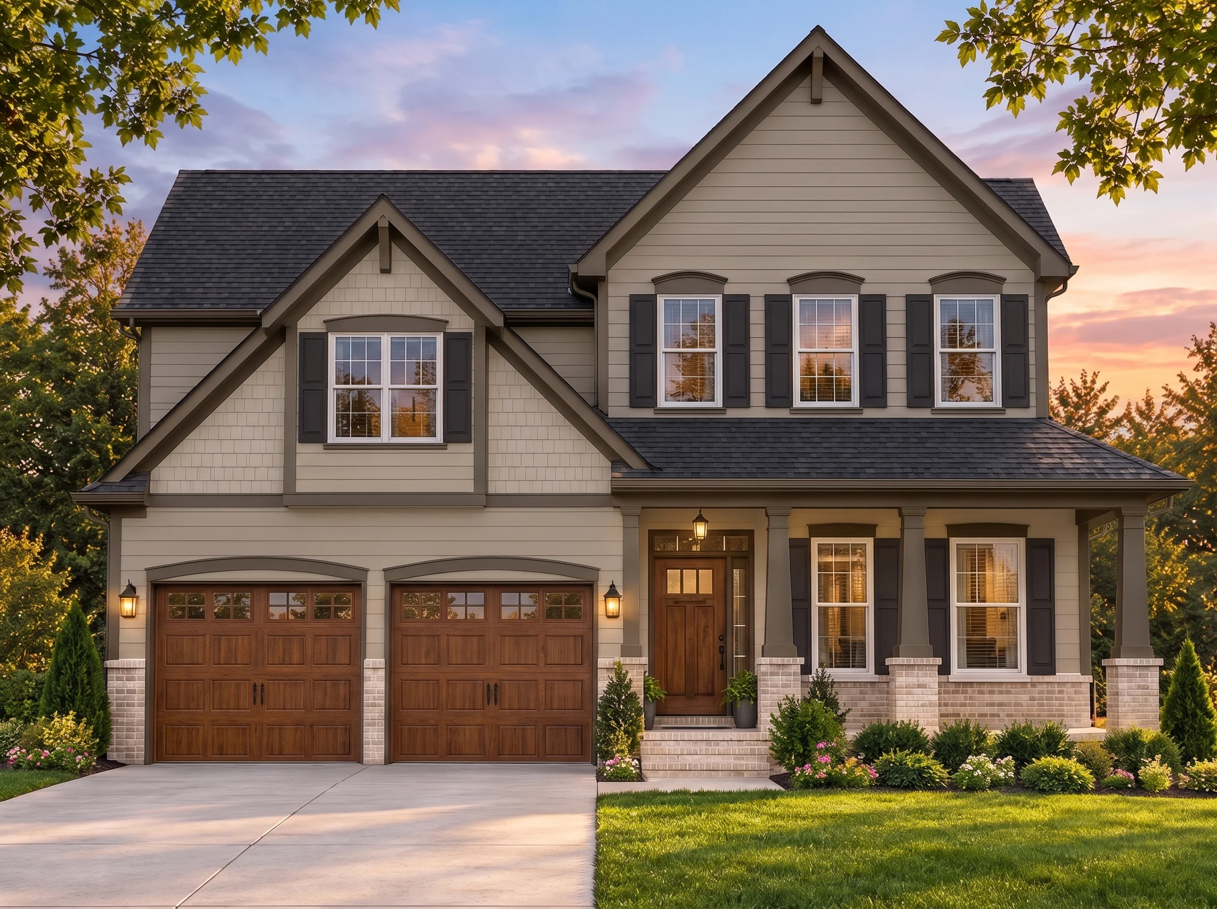 Plan  11-1195B – Skyfall | New  American – 3-Bed, 3.5-Bath, 2,619 SF - Mushroom Taupe, AI-generated exterior concept