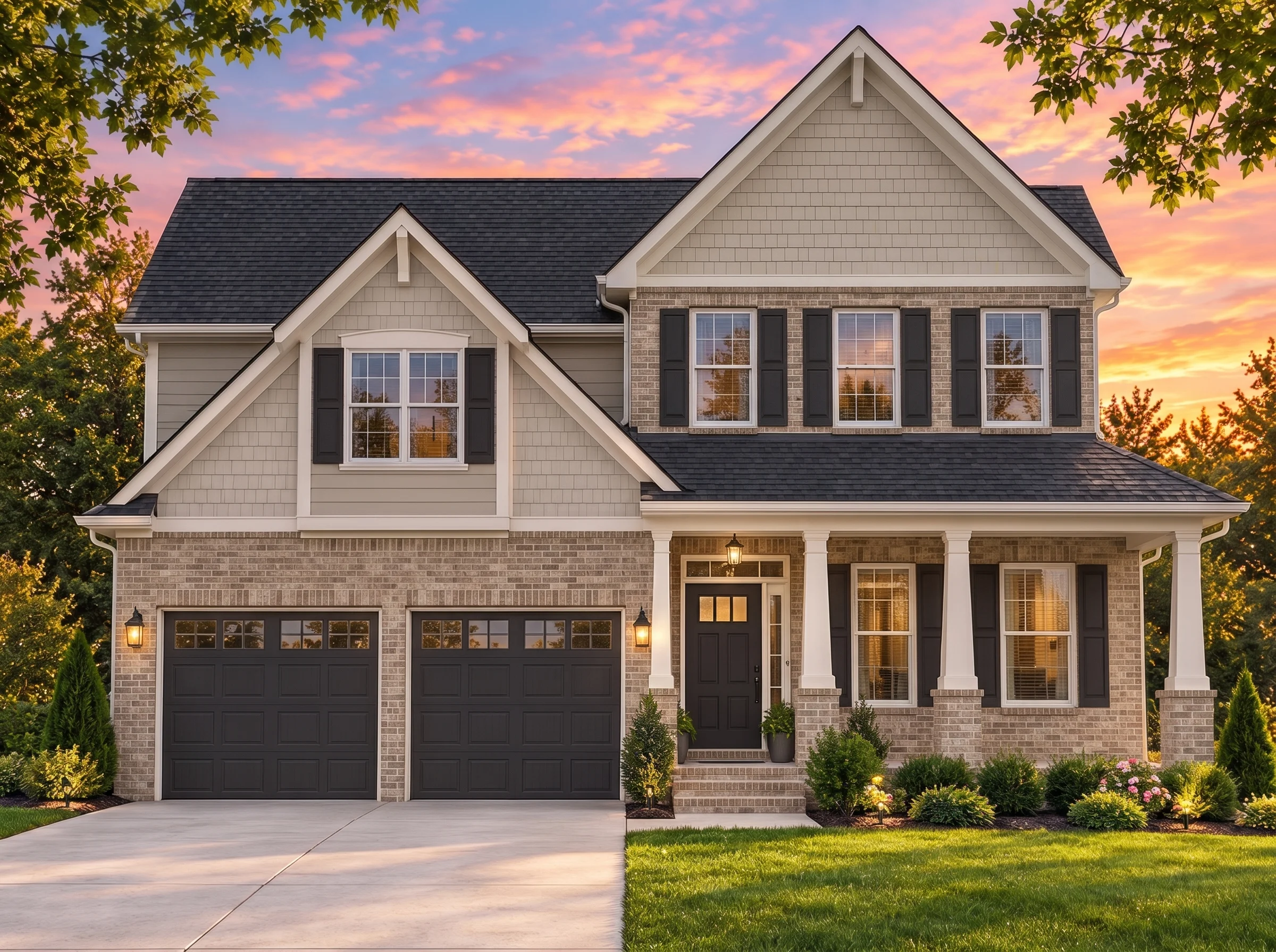 Plan  11-1195B – Skyfall | New  American – 3-Bed, 3.5-Bath, 2,619 SF - Natural Brick, AI-generated exterior concept