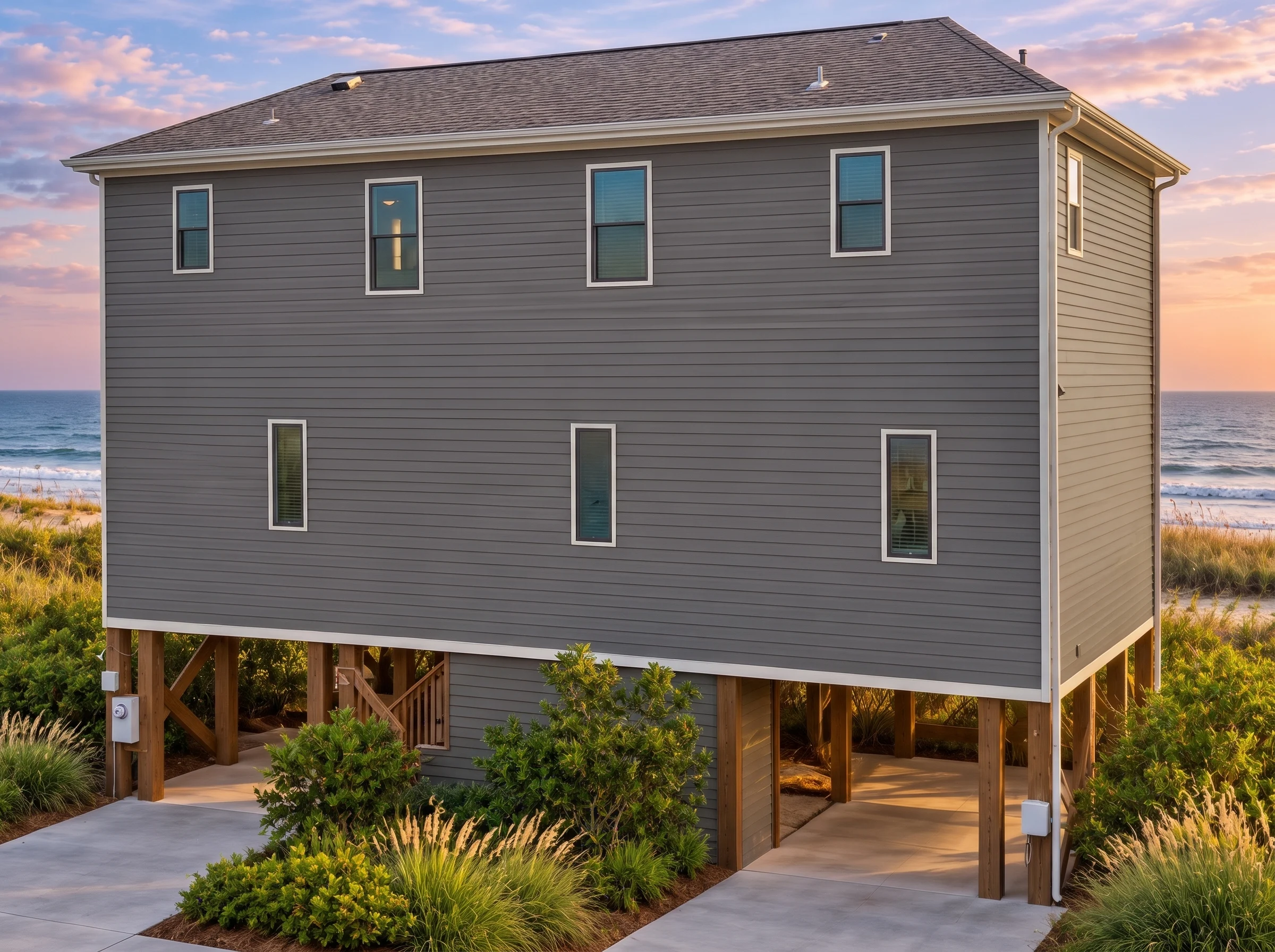 Plan  11-1310 – Florida River |  Coastal – 4-Bed, 4-Bath, 2,116 SF - Warm Charcoal, AI-generated exterior concept